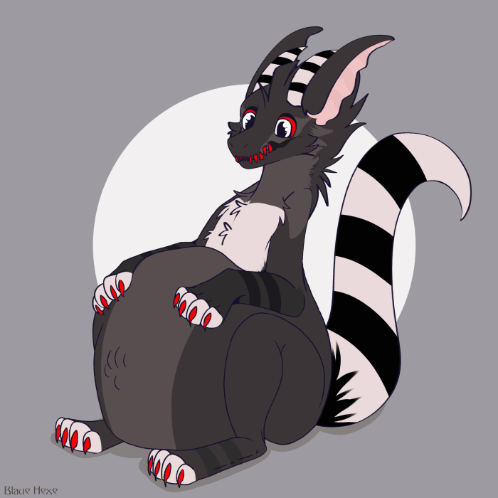 animated blauehexe blinking claws dark_body dark_fur feral fluffy fur grey_eyes horn hybrid male markings pawpads purple_tongue red_claws red_fangs red_sclera solo striped_horn striped_markings striped_tail stripes tail tail_markings tongue tongue_out vore