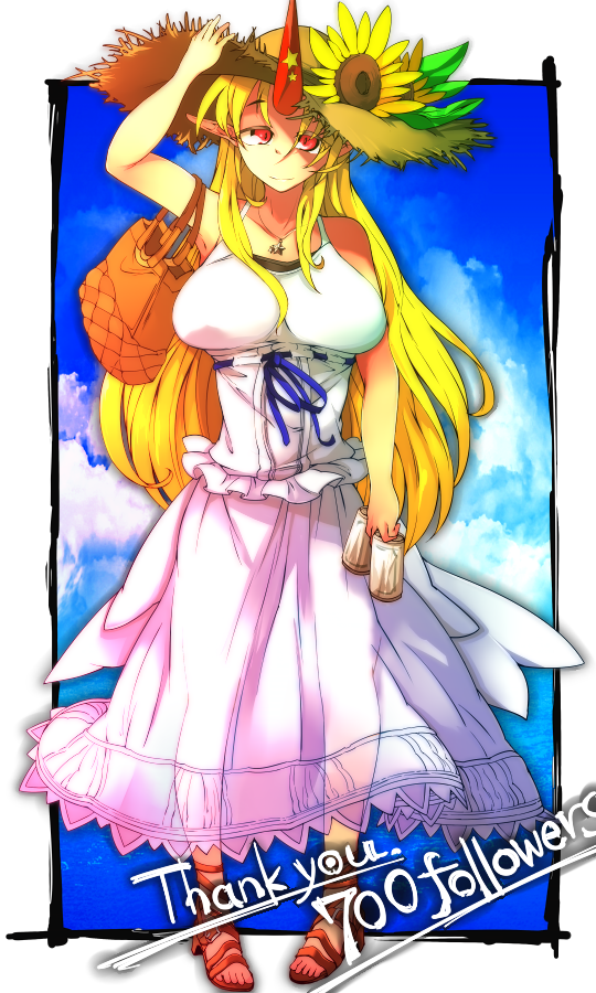 1girl alternate_costume bag blonde_hair blue_ribbon blue_sky breasts brown_footwear can closed_mouth cloud commentary_request dress flower frilled_dress frills full_body hand_on_headwear hat hat_flower holding holding_can horns hoshiguma_yuugi jewelry large_breasts long_hair looking_at_viewer milestone_celebration necklace pigeon-toed pointy_ears red_eyes red_horns rei_no_himo ribbon sandals single_horn sky sleeveless sleeveless_dress smile solo standing star_(symbol) sun_hat sunflower touhou white_dress yadokari_(yadokani) yellow_flower