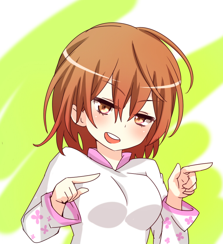1girl breasts brown_eyes brown_hair commentary_request dress floral_print green_background hair_between_eyes hands_up i.u.y light_blush long_sleeves medium_breasts medium_hair messy_hair misaka_worst open_mouth pointing slit_pupils solo teeth toaru_majutsu_no_index toaru_majutsu_no_index:_new_testament upper_body upper_teeth_only v-shaped_eyebrows vietnamese_dress white_dress