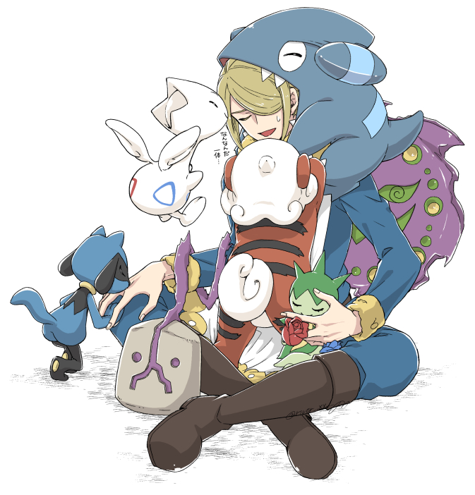 1boy a_nori biting closed_eyes commentary_request crossed_legs gible hisuian_growlithe hug kiss kissing_hand male_focus no_headwear pokemon pokemon_(creature) pokemon_legends:_arceus riolu roselia_(pokemon) short_hair sitting spiritomb togetic volo_(pokemon)