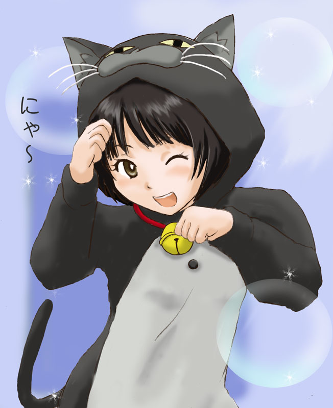 1girl :d amagami animal_costume animal_ears animal_hood bell black_hair blurry blush bob_cut bokeh brown_eyes cat_costume cat_ears cat_hood cat_tail collar commentary cosplay curled_fingers depth_of_field eyelashes fake_animal_ears fake_tail hand_up head_tilt hood hood_up jingle_bell kamosikayasyamoji kigurumi looking_at_viewer neck_bell one_eye_closed paw_pose purple_background red_collar short_hair smile solo sparkle standing tachibana_miya tail teeth translated upper_body upper_teeth_only whiskers