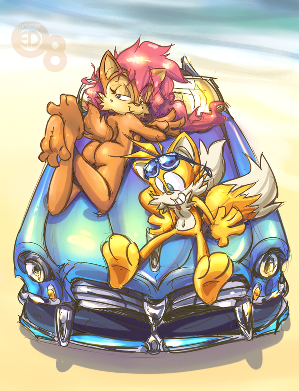 animal_ears archie_comics ass barefoot car edtropolis feet furry looking_back miles_prower motor_vehicle nude outdoors outside paws sally_acorn smile soles sonic_the_hedgehog spread_toes sunglasses tail toe_spread toes vehicle zenra
