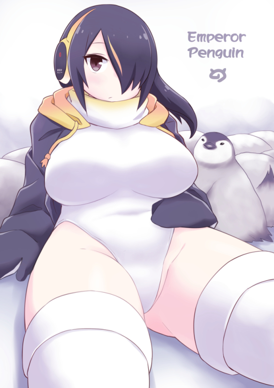 1girl bird blue_hair breasts brown_eyes covered_navel emperor_penguin_(kemono_friends) groin hair_over_one_eye headphones highleg highleg_leotard hood hoodie japari_symbol kemono_friends large_breasts leotard looking_at_viewer multicolored_hair open_clothes open_hoodie penguin reclining streaked_hair thick_thighs thighs vincent_(hiyakuen) white_leotard