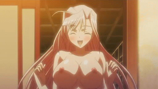 :d ^_^ ahoge animated animated_gif bangs blush bouncing_breasts breasts breasts_apart charlotte_hazellink clenched_hands closed_eyes doorway floating_hair hair_intakes happy indoors large_breasts long_hair nipples non-web_source nude open_mouth princess_lover sidelocks silver_hair smile solo upper_body very_long_hair