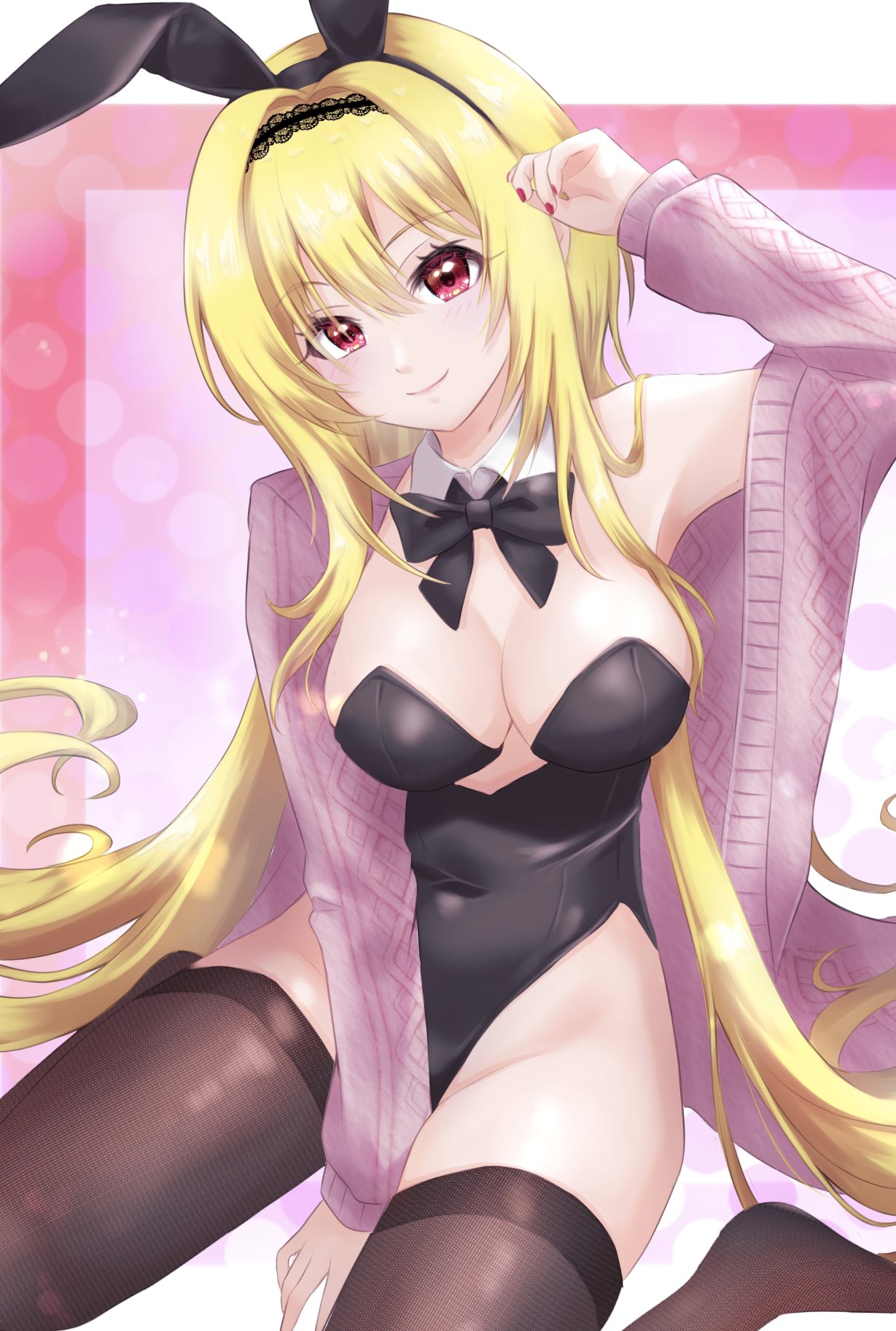 1girl animal_ears black_leotard black_thighhighs blonde_hair blush bow bowtie breasts cardigan cleavage collarbone detached_collar fake_animal_ears groin hairband highres idolmaster idolmaster_cinderella_girls idolmaster_cinderella_girls_starlight_stage kurosaki_chitose large_breasts leotard long_hair looking_at_viewer mayu_(mayuuu_p) open_cardigan open_clothes pink_cardigan playboy_bunny rabbit_ears red_eyes sitting smile solo strapless strapless_leotard thighhighs wariza