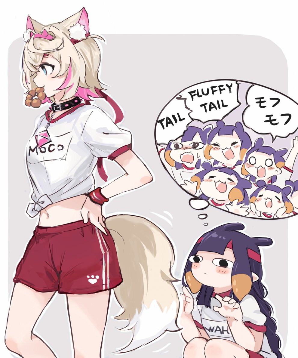 &lt;|&gt;_&lt;|&gt; 2girls :3 alternate_hairstyle animal_ear_fluff animal_ears blue_eyes blunt_bangs blush collar commentary dog_ears dog_girl dog_tail doughnut food food_in_mouth from_side grey_background gym_shorts gym_uniform hands_on_own_hips headband hololive hololive_english long_hair looking_to_the_side midriff mococo_abyssgard multiple_girls navel ninomae_ina'nis o_o pointy_ears pon_de_ring purple_hair red_headband short_hair shorts squatting symbol-only_commentary tail tentacle_hair thought_bubble two-tone_background virtual_youtuber white_background wristband yuuyu_(777)