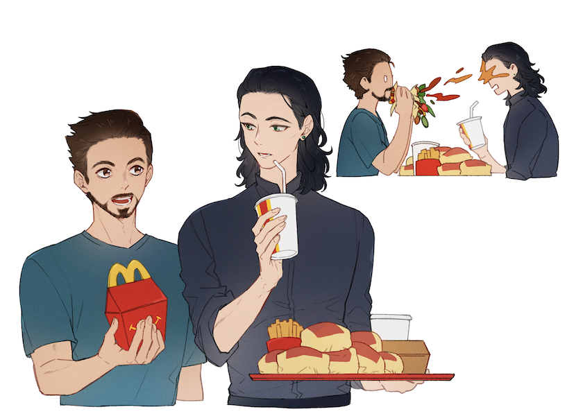 2boys animification black_hair black_shirt blue_shirt brown_eyes brown_hair burger buttons collared_shirt commentary cup disposable_cup drinking_straw eating facial_hair fingernails food food_on_face french_fries green_eyes hand_up hands_up happy_meal holding holding_cup holding_food holding_tray loki_(marvel) long_sleeves looking_at_another male_focus marvel marvel_cinematic_universe mcdonald's medium_hair multiple_boys murdermuffinloki open_mouth shirt short_hair short_sleeves simple_background sitting standing symbol-only_commentary t-shirt teeth tongue tony_stark tray white_background