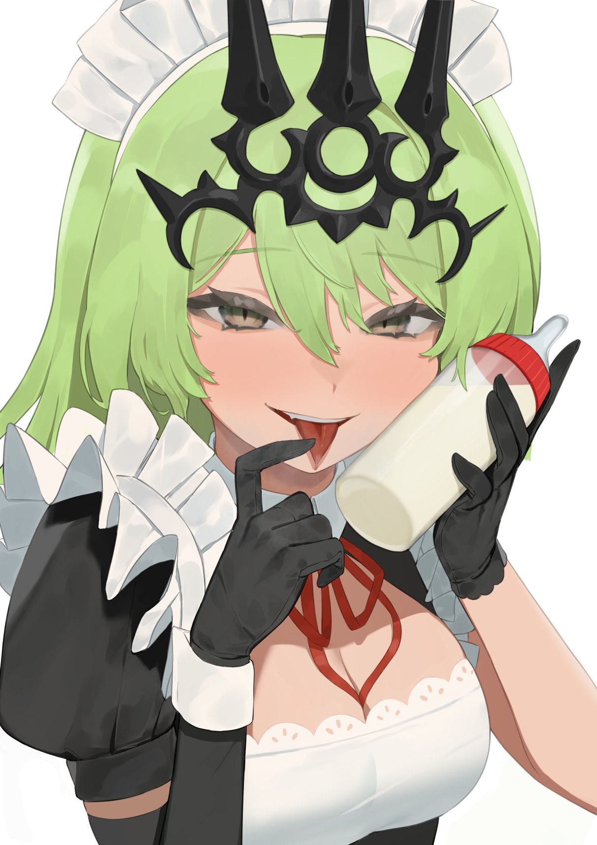 1girl apron asymmetrical_gloves baby_bottle bare_shoulders black_gloves bottle breasts crown dress flasso forked_tongue frilled_dress frills gloves green_eyes green_hair hair_ornament highres honkai_(series) honkai_impact_3rd looking_at_viewer maid maid_apron maid_headdress mismatched_gloves mobius_(honkai_impact) simple_background single_sleeve smile solo tongue tongue_out white_background