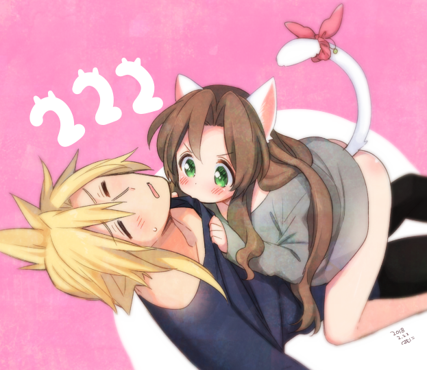 1boy 1girl aerith_gainsborough animal_ears artist_name assertive_female bare_legs blonde_hair blush brown_hair cat_day cat_ears cat_girl cat_tail closed_eyes cloud_strife couple dated feet_out_of_frame final_fantasy final_fantasy_vii furrowed_brow girl_on_top green_eyes grey_shirt hair_between_eyes head_back hetero kemonomimi_mode krudears long_sleeves no_pants open_mouth parted_bangs pink_background pout ribbon shirt short_hair sidelocks spiked_hair sweatdrop t-shirt tail tail_ornament tail_ribbon thighs