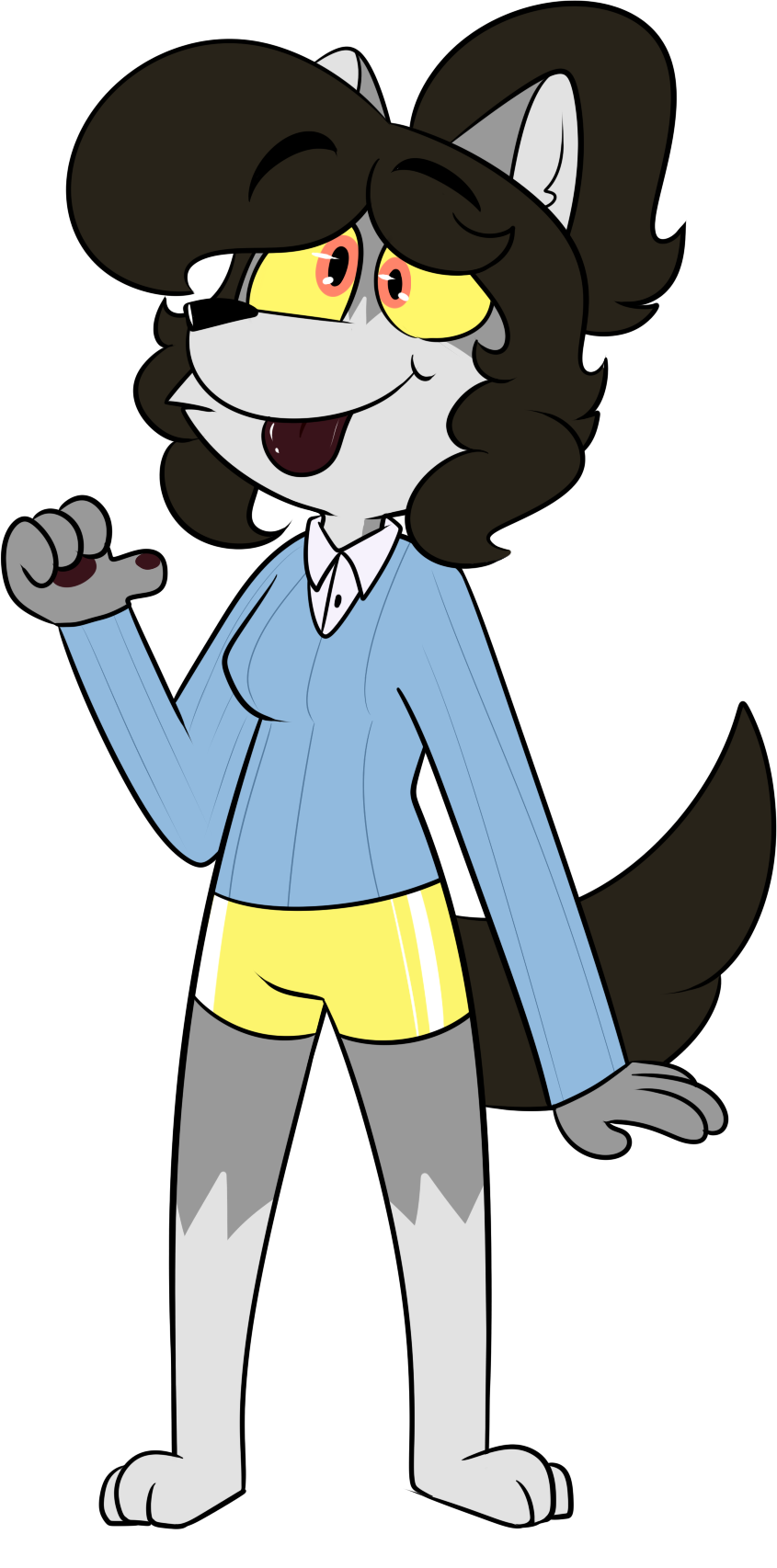 2016 3_toes 4_fingers alpha_channel anthro barefoot biped black_eyebrows black_eyelashes black_nose black_pupils blue_clothing blue_sweater blue_topwear bottomwear breasts brown_hair brown_pawpads brown_tail brown_tongue canid canine canis cheek_tuft chokovit_(artist) clothed clothed_anthro clothed_female clothing colored countershade_face countershade_fur countershade_neck countershading cross-eyed digital_drawing_(artwork) digital_media_(artwork) eyebrows facial_tuft feet female female_anthro fingers fluffy fluffy_tail fur glistening glistening_eyes glistening_nose glistening_tongue grey_body grey_countershading grey_ears grey_fur grey_inner_ear grey_markings grey_tuft gym_bottomwear gym_clothing gym_shorts hair hi_res leg_markings mammal marion_wells markings multicolored_body multicolored_fur orange_eyes pawpads ponytail pupils shorts simple_background socks_(marking) solo standing sweater tail toes tongue tongue_out topwear translucent translucent_hair transparent_background tuft two_tone_body two_tone_fur wolf wolf_tail yellow_bottomwear yellow_clothing yellow_sclera yellow_shorts