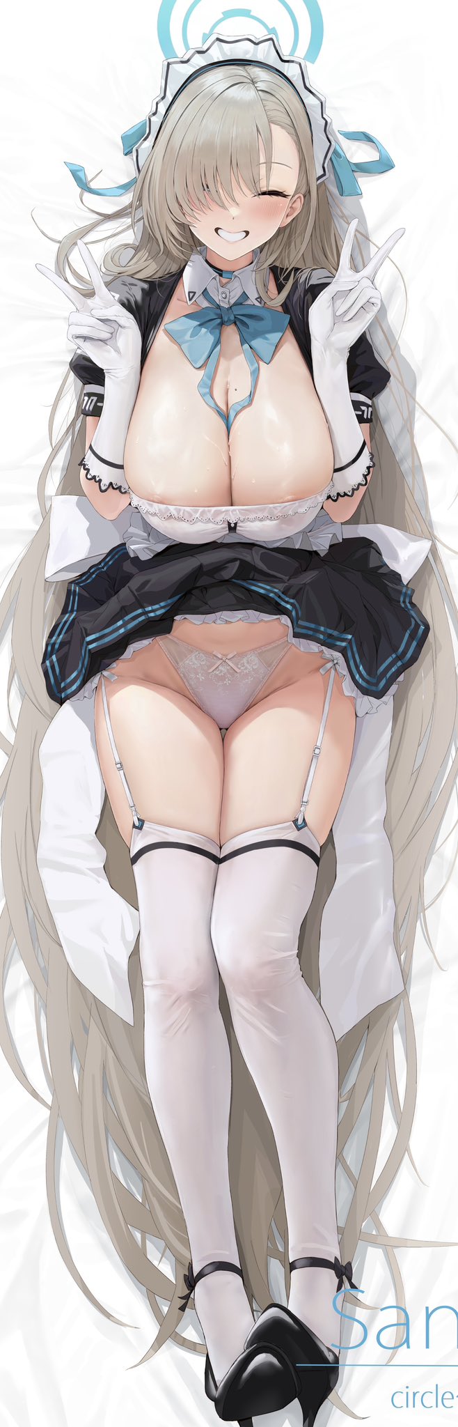 1girl akita_hika areola_slip asuna_(blue_archive) asymmetrical_bangs black_footwear blue_archive blue_bow blue_bowtie blue_halo bow bowtie breasts cleavage clothes_lift commentary_request dakimakura_(medium) detached_collar double_v full_body garter_straps gloves hair_over_one_eye halo high_heels highres lace-trimmed_panties lace_trim large_breasts light_brown_hair long_hair maid mole mole_on_breast nipples panties pantyshot see-through skirt skirt_lift smile solo thighhighs traditional_bowtie underwear v white_gloves