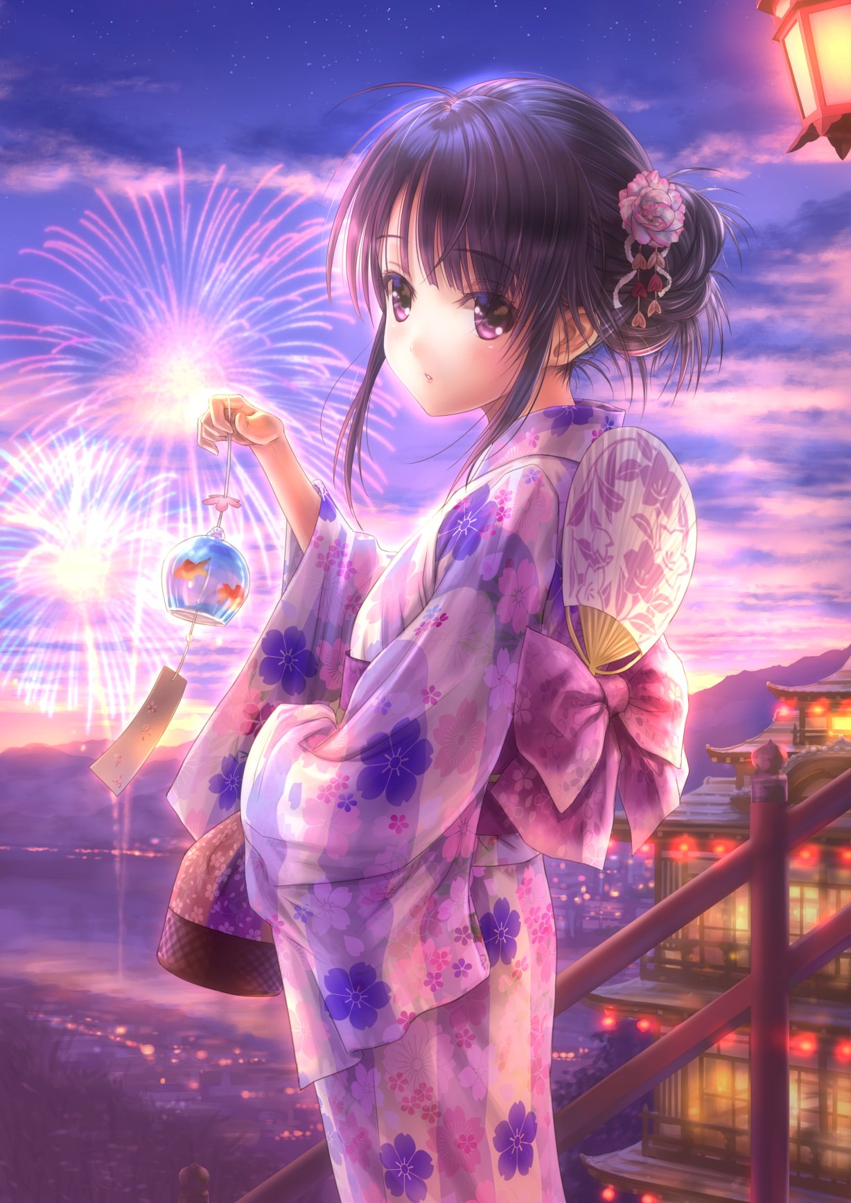 1girl aerial_fireworks ahoge architecture back_bow black_hair blush bow cherry_blossom_print commentary_request dusk east_asian_architecture eyelashes fireworks fish floral_print flower goldfish goto_p hair_bun hair_flower hair_ornament hand_up highres japanese_clothes kanzashi kimono lantern long_hair long_sleeves looking_at_viewer original outdoors parted_lips pink_bow purple_eyes purple_kimono sidelocks single_hair_bun sky solo stairs standing striped striped_kimono summer_festival wide_sleeves yukata