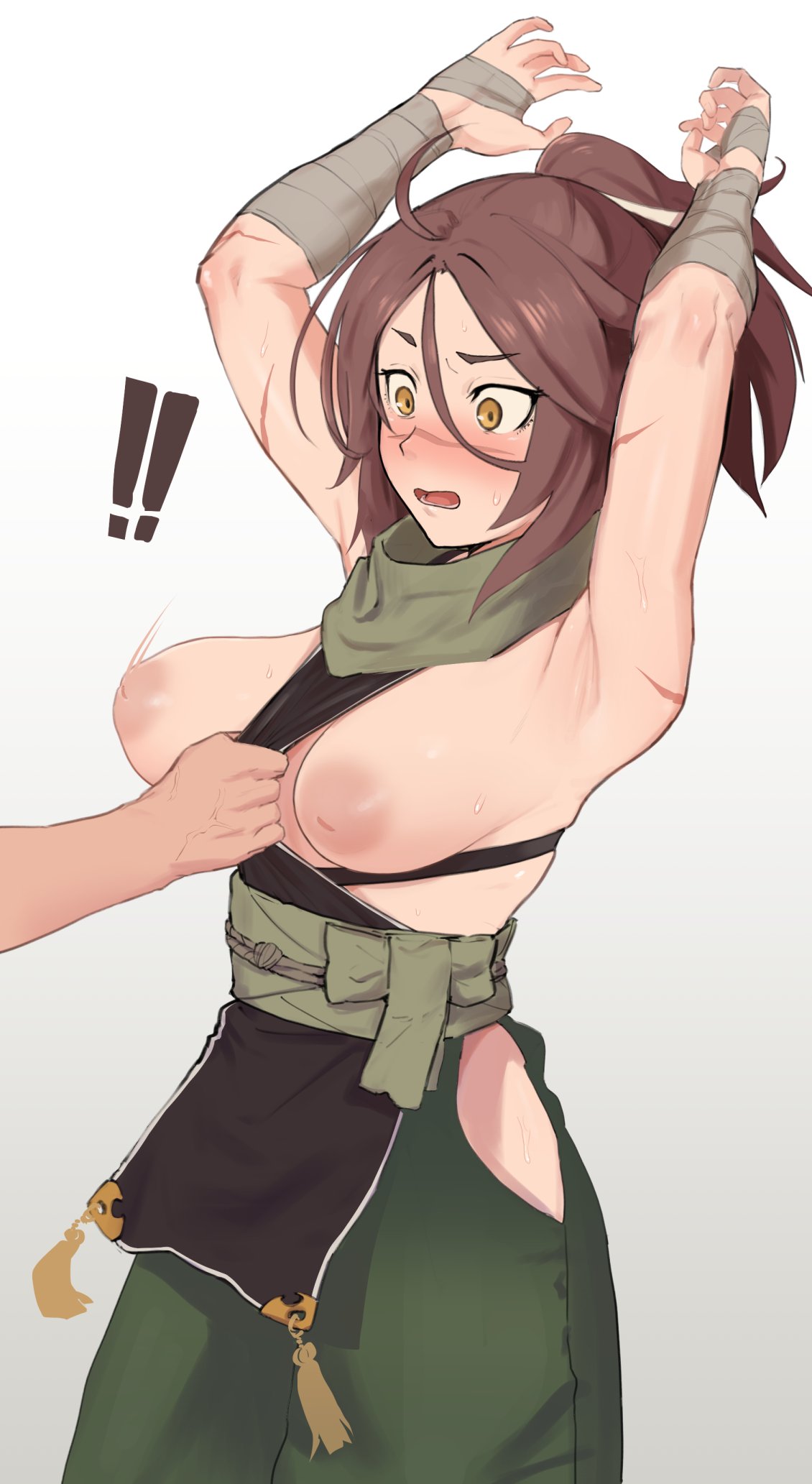 ! !! 1girl ahoge armpits arms_up assisted_exposure bandaged_arm bandages blush breasts breasts_out brown_hair commentary cowboy_shot doka_yuki_(tsumorisugi) embarrassed fate/grand_order fate_(series) gradient_background green_pants green_scarf grey_background hair_between_eyes highres hip_vent inverted_nipples looking_down medium_breasts medium_hair nipples obi obijime open_mouth pants parted_bangs pelvic_curtain ponytail sash scar scar_on_arm scar_on_face scar_on_nose scarf sideless_outfit simple_background solo_focus standing sugitani_zenjubou_(fate) surprised tassel yellow_eyes