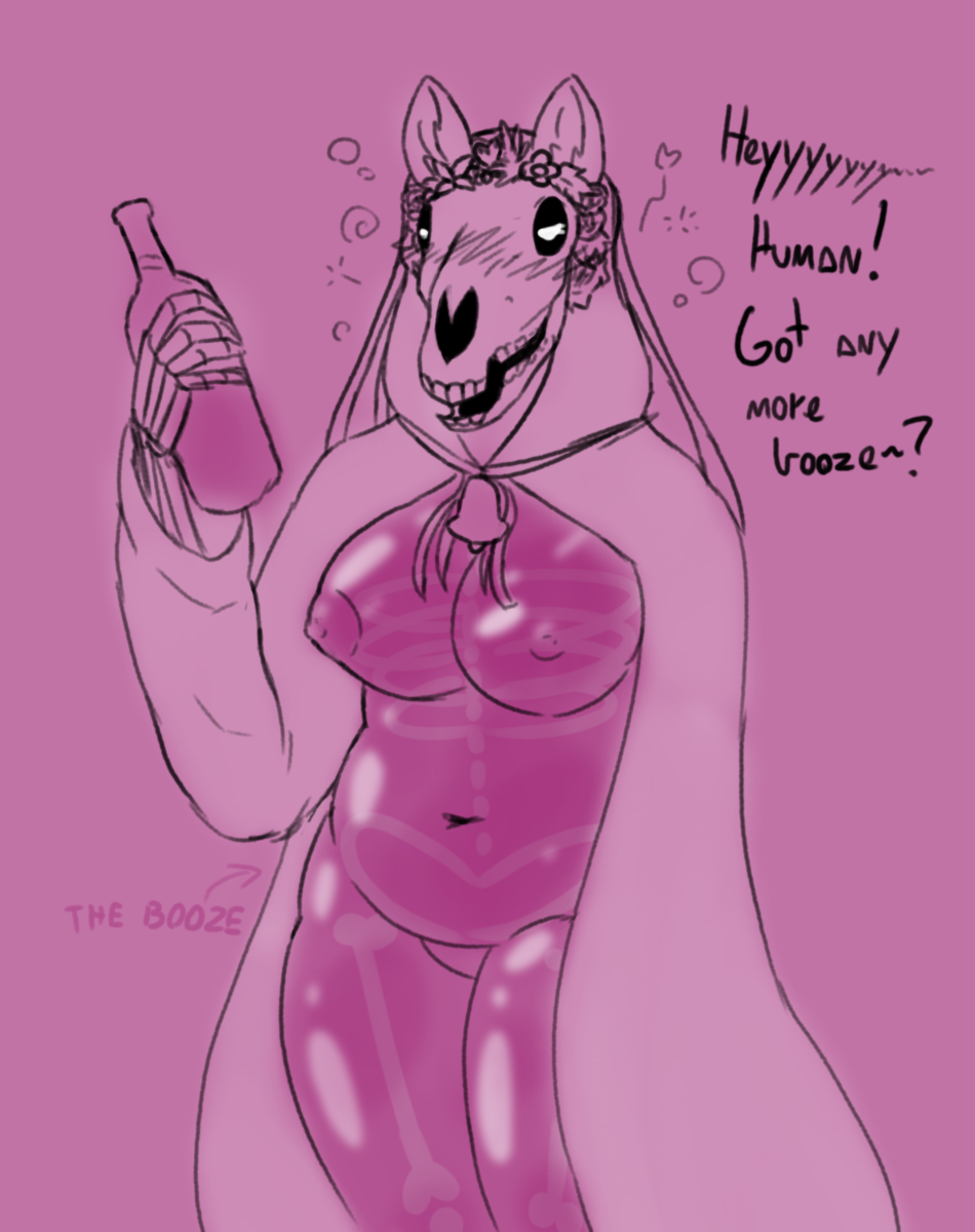 alcohol anthro bell bell_collar beverage big_breasts blush bone bottle breasts bubble christmas cloak cloak_only clothed clothing collar container digital_media_(artwork) drunk drunk_bubble english_text equid equine european_mythology female flower flower_crown flower_garland fluid-body folklore garland goo_creature head_wreath headgear headwear hi_res holidays horse kawattame looking_at_viewer mammal mari_lwyd mythology nipples open_mouth plant ribbons simple_background skeleton skull skull_head smile solo substance_intoxication teeth text undead