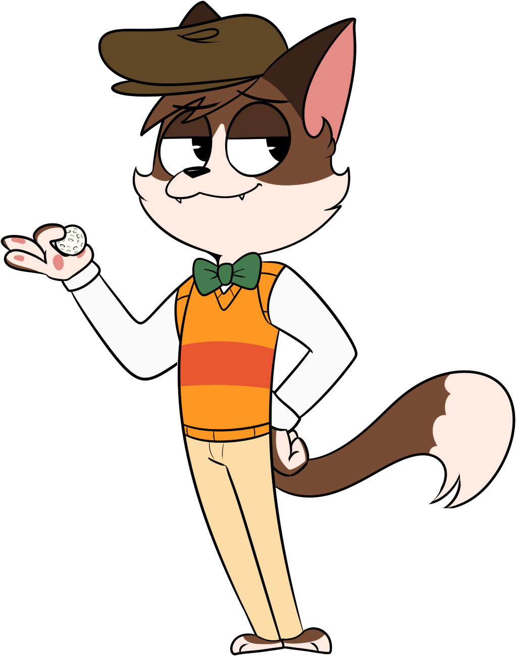 2016 4_fingers alpha_channel anthro barefoot biped black_eyebrows black_eyes black_nose bottomwear brown_body brown_clothing brown_ears brown_fur brown_hair brown_hat brown_headwear brown_tail cat_tail cheek_tuft chokovit_(artist) clothed clothed_anthro clothed_male clothing colored countershade_face countershade_feet countershade_fur countershade_hands countershading digital_drawing_(artwork) digital_media_(artwork) dipstick_tail domestic_cat eyebrow_through_hair eyebrows facial_tuft fangs feet felid feline felis fingers fluffy fluffy_tail fur golf_ball green_bow_tie hair hand_on_hip hat headgear headwear hi_res holding_golf_ball looking_aside male male_anthro mammal marcello_kotter markings orange_clothing orange_sweater orange_topwear orange_vest pants pattern_clothing pattern_sweater pattern_topwear pattern_vest pawpads pink_pawpads prick_ears shirt simple_background solo standing striped_clothing striped_sweater striped_topwear striped_vest stripes sweater sweater_vest tail tail_markings tan_bottomwear tan_clothing tan_pants teeth topwear translucent translucent_hair transparent_background tuft vest white_body white_clothing white_countershading white_markings white_shirt white_topwear white_tuft