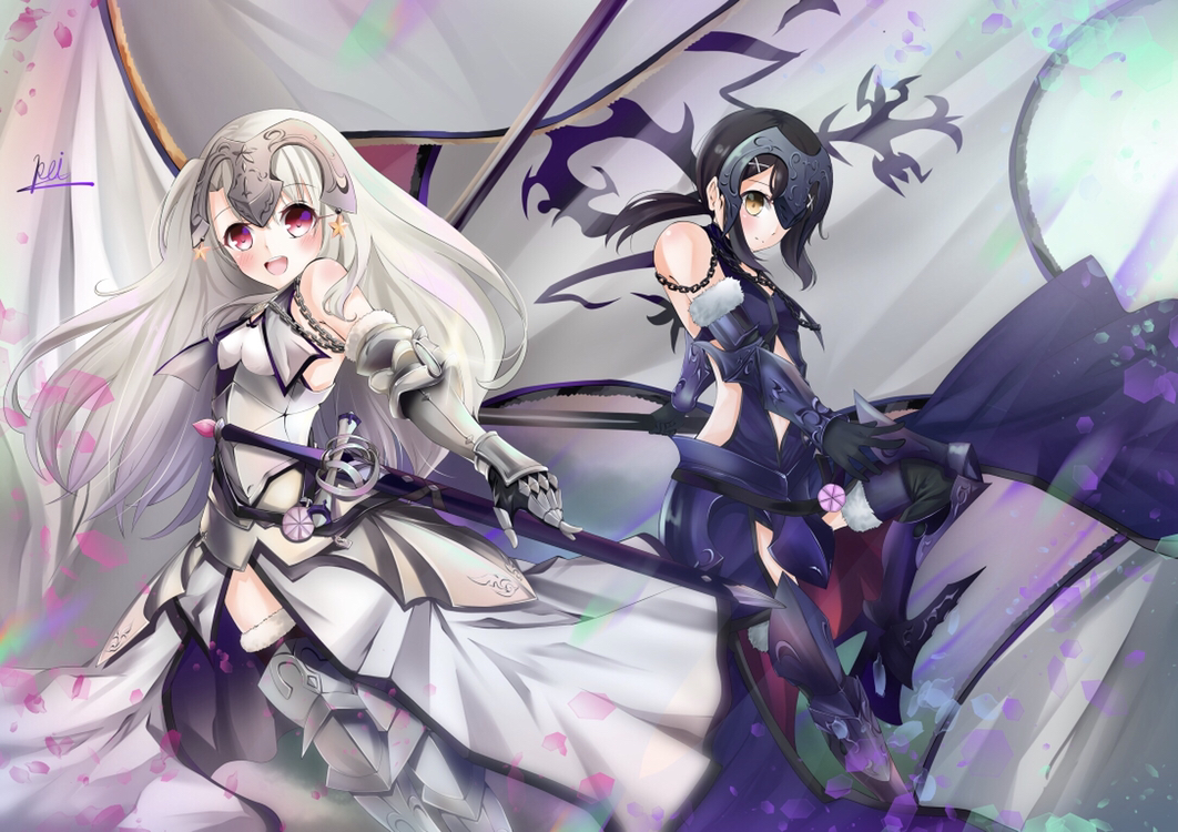 2girls armor armored_boots armored_dress bare_shoulders black_dress black_hair black_thighhighs blush boots breast_curtains breasts brown_eyes chain collar cosplay dress fate/grand_order fate/kaleid_liner_prisma_illya fate_(series) faulds flag fur-trimmed_legwear fur_trim gauntlets hair_ornament hairclip headpiece illyasviel_von_einzbern jeanne_d'arc_(fate) jeanne_d'arc_(ruler)_(fate) jeanne_d'arc_(ruler)_(fate)_(cosplay) jeanne_d'arc_(third_ascension)_(fate) jeanne_d'arc_alter_(avenger)_(fate) jeanne_d'arc_alter_(avenger)_(fate)_(cosplay) jeanne_d'arc_alter_(avenger)_(third_ascension)_(fate) jeanne_d'arc_alter_(fate) long_hair looking_at_viewer metal_collar miyu_edelfelt multiple_girls pei_iriya plackart polearm red_eyes sidelocks small_breasts sword thighhighs thighs twintails weapon white_dress white_hair