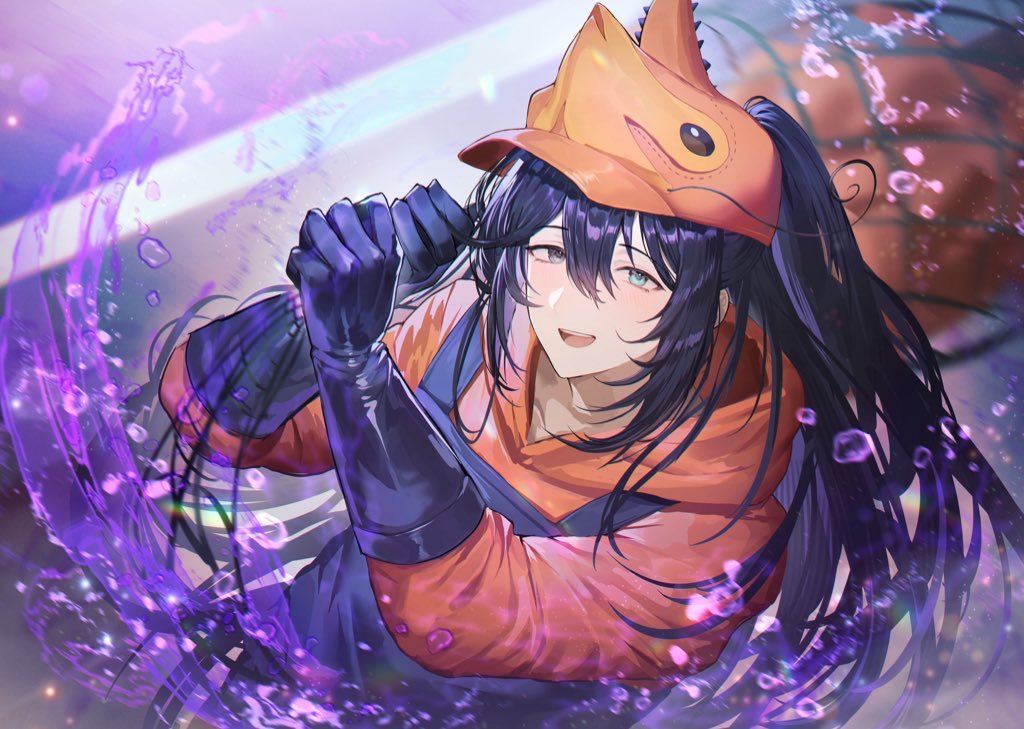 1boy aqua_eyes baseball_cap black_eyes black_hair blue_gloves bonno_sasu e.g.o_(project_moon) fishing_net gloves hat heterochromia high_ponytail holding_net hong_lu_(project_moon) hood hood_down hoodie limbus_company long_hair long_sleeves looking_at_viewer open_mouth orange_headwear orange_hoodie overalls project_moon smile soda solo very_long_hair water