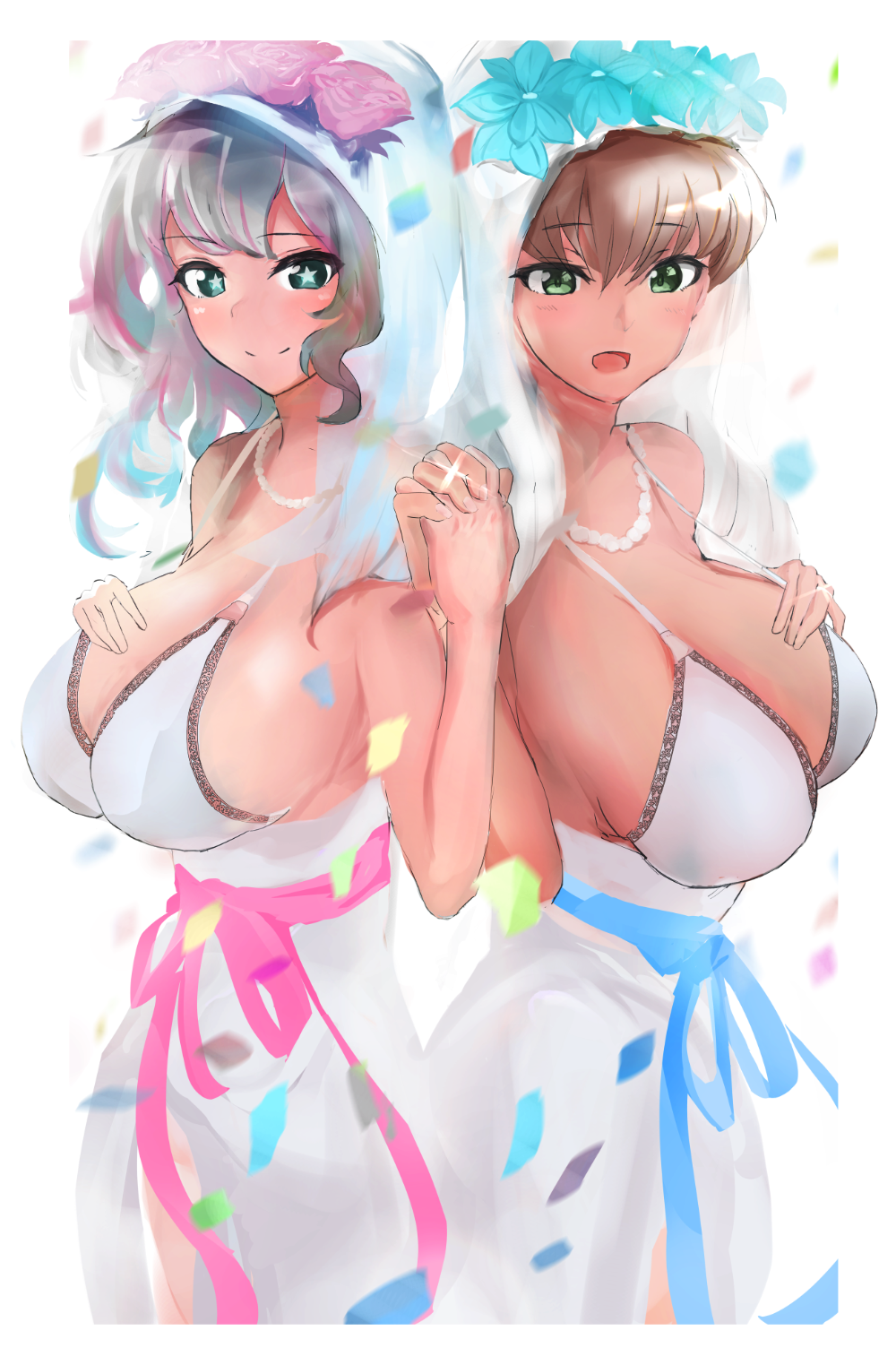 2girls back-to-back blue_eyes blush breasts bridal_veil bride brown_hair closed_mouth dress green_eyes highres holding_hands jewelry kyougi_sharyou large_breasts looking_at_viewer multiple_girls open_mouth original ring sideboob sketch smile veil wedding wedding_dress wedding_ring wife_and_wife yuri