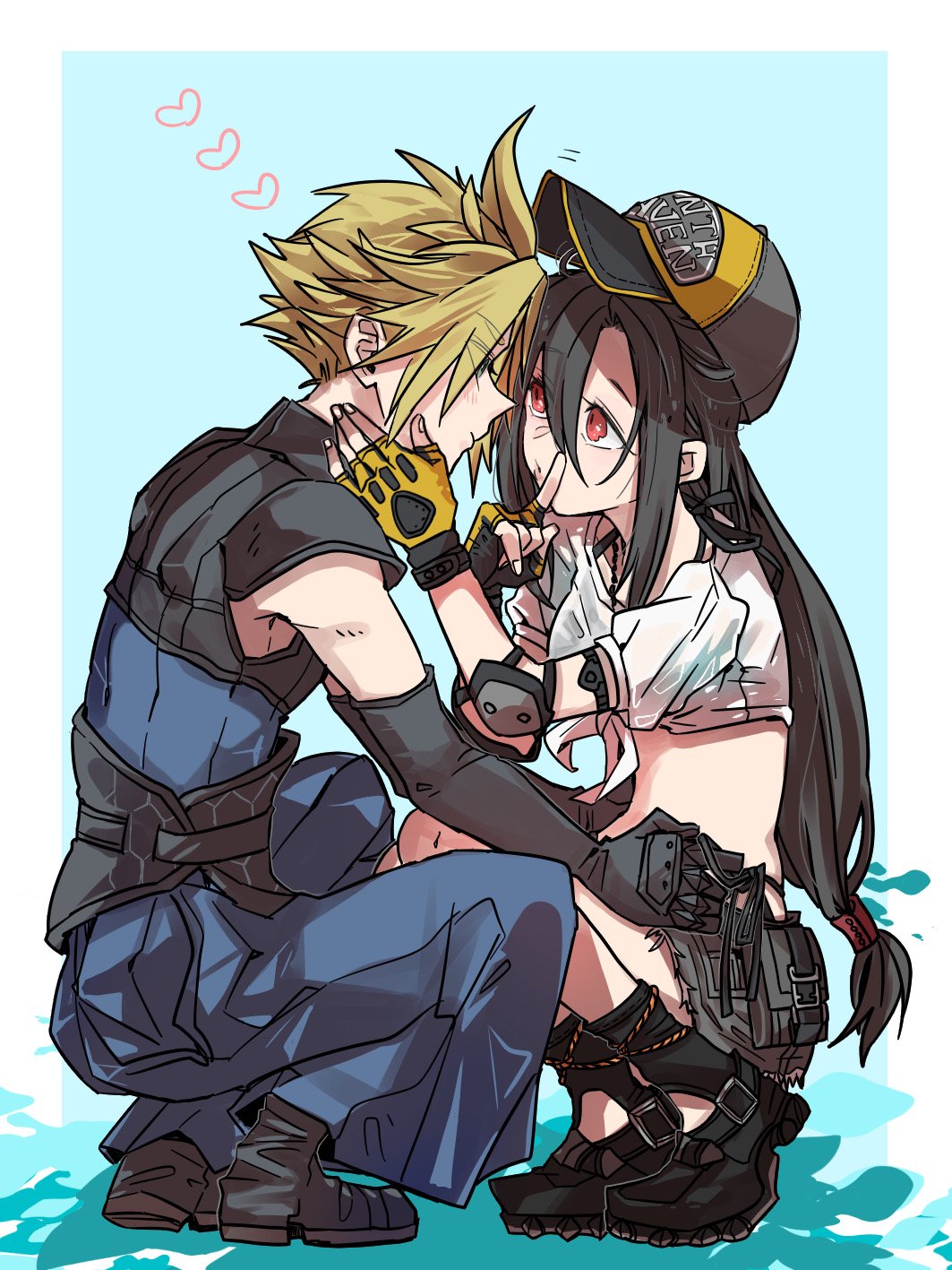 1boy 1girl baseball_cap bikini black_bikini black_footwear black_gloves black_hair blonde_hair blue_eyes blue_hakama border cloud_strife cloud_strife_(murasame) commentary_request couple elbow_gloves elbow_pads eye_contact final_fantasy final_fantasy_vii final_fantasy_vii_ever_crisis finger_to_mouth fingerless_gloves full_body gloves grey_skirt hair_between_eyes hakama hakama_pants hand_on_another's_face hands_on_another's_hips hat heart highleg highleg_bikini highres index_finger_raised japanese_clothes light_blush long_hair looking_at_another low-tied_long_hair midriff official_alternate_costume oshibainoticket outside_border pants profile red_eyes samurai see-through see-through_shirt shirt shoulder_pads shushing side-tie_bikini_bottom sidelocks single_elbow_pad skirt spiked_hair squatting swimsuit tied_shirt tifa_lockhart tifa_lockhart_(lifeguard) very_long_hair white_border white_shirt yellow_gloves