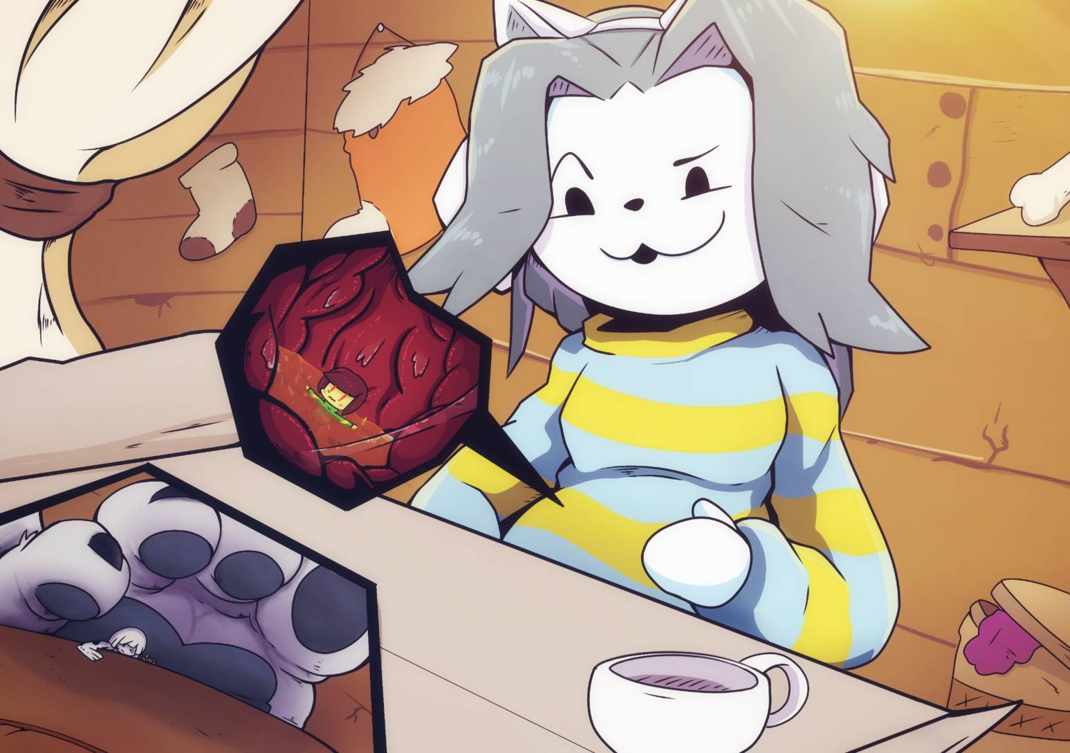 ambiguous_gender anthro chara_(undertale) clothing digital_media_(artwork) feet felid feline female fur human inside_stomach internal mammal micro mukaxslivka oral_vore temmie_(undertale) toes topwear under_foot undertale undertale_(series) vore white_body white_fur