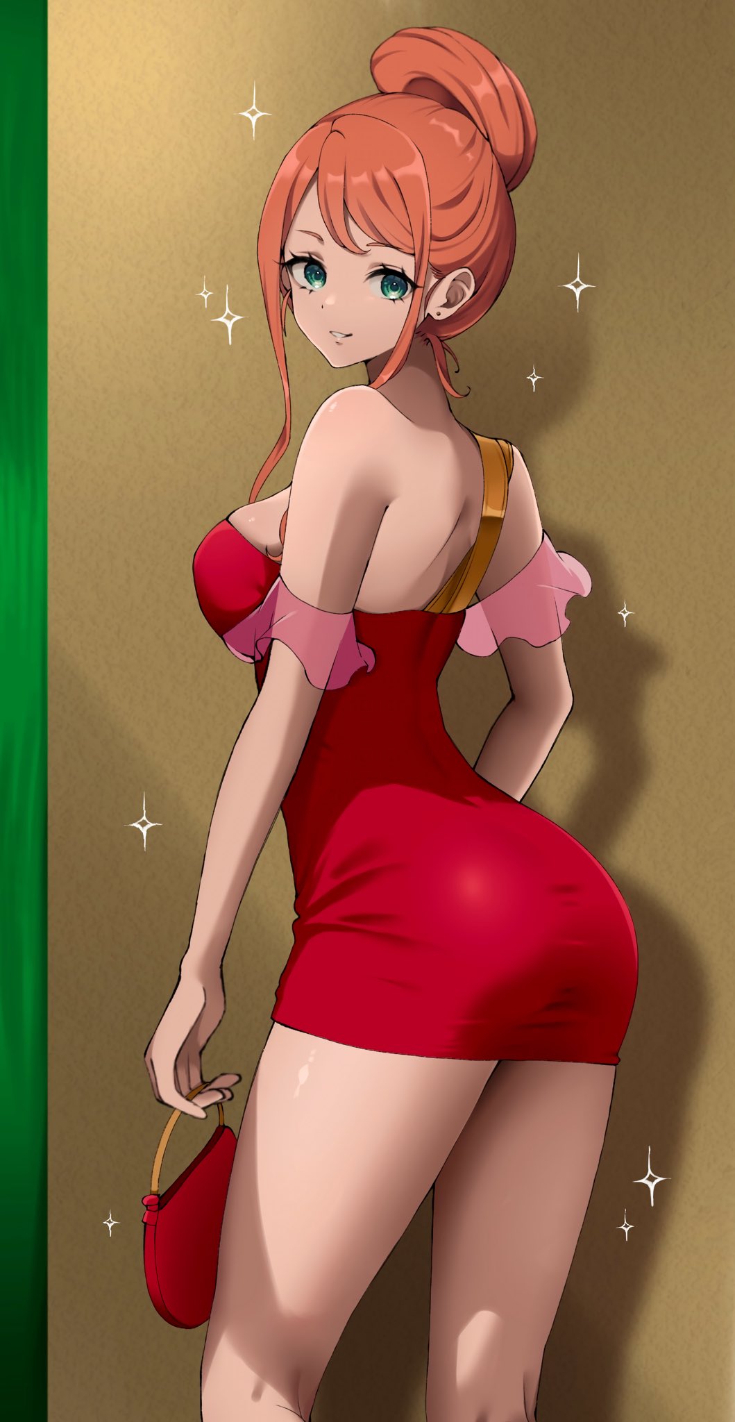 1girl aida_rayhunton ass ass_focus bag bare_back bare_shoulders breasts campbell_xx coin_purse dress frills from_side green_eyes gundam gundam_g_no_reconguista hair_bun highres holding holding_bag huge_ass large_breasts looking_at_viewer looking_to_the_side orange_hair over_shoulder pink_hair red_dress simple_background smile solo sparkle swept_bangs teeth thick_thighs thighs