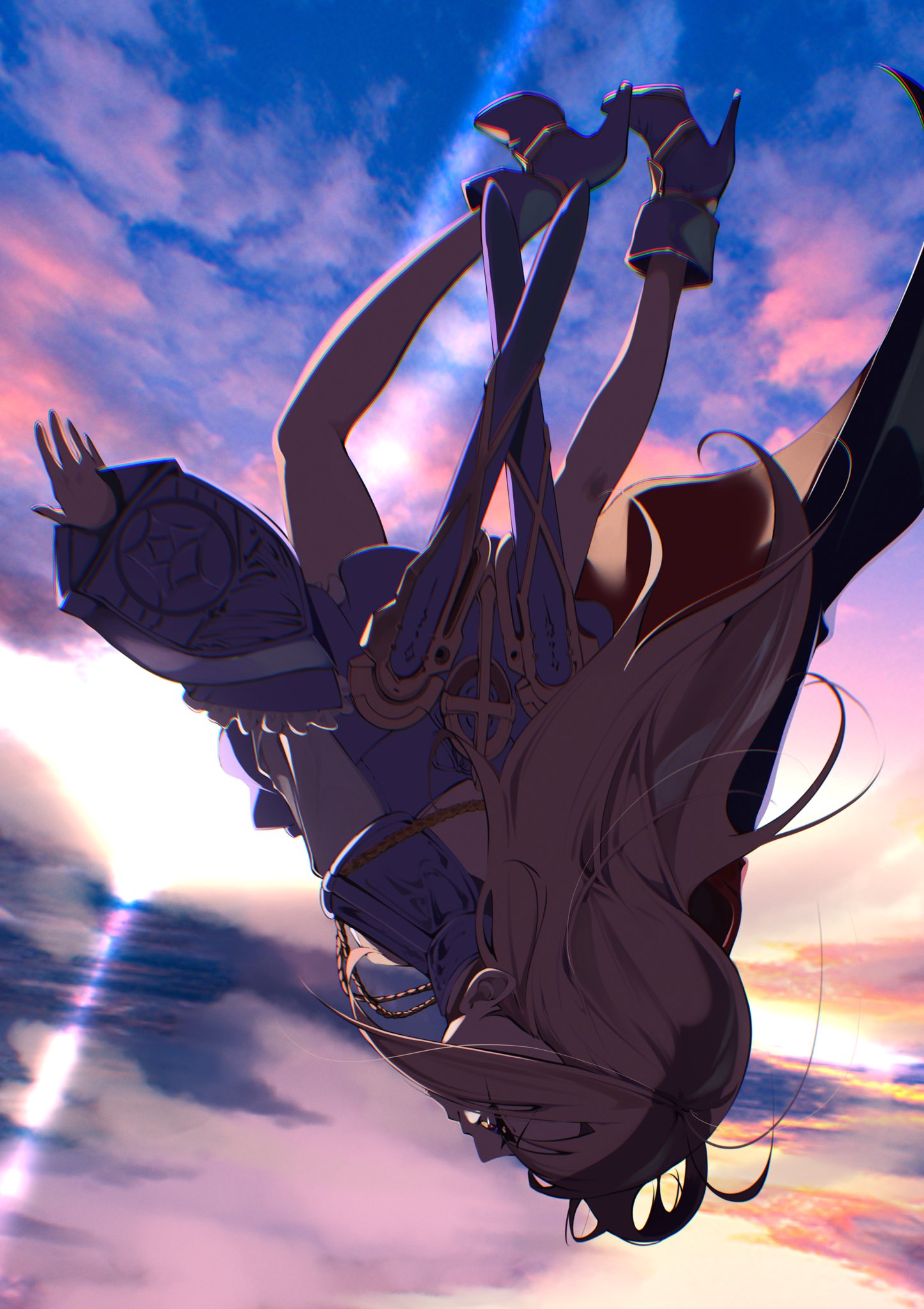 1girl aiguillette arm_guards back blonde_hair blue_cape blue_dress blue_footwear blue_sky blush boots breasts cape cosplay dress falling fate/grand_order fate/kaleid_liner_prisma_illya fate_(series) gradient_sky high_heel_boots high_heels highres illyasviel_von_einzbern long_hair long_sleeves melusine_(fate) melusine_(fate)_(cosplay) melusine_(second_ascension)_(fate) orange_eyes orange_sky pei_iriya red_cape sidelocks sky small_breasts sunset thighhighs twilight two-tone_cape weapon white_thighhighs