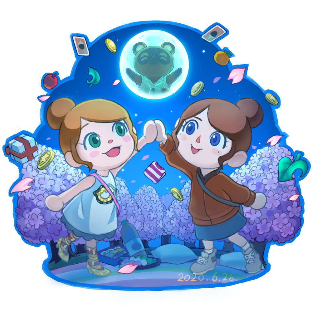 2girls :d animal_crossing apple arm_up bento blue_dress blue_eyes blue_outline blue_skirt blush blush_stickers bottle box brown_hair card cherry_blossoms coin commentary_request dango dated dress eyelashes food fruit full_moon gift gift_box green_eyes grey_footwear hair_bun high_five high_heels jacket leaf light_brown_hair long_sleeves mole mole_under_eye moon multicolored_socks multiple_girls night night_sky open_mouth orange_(fruit) outline petals polka_dot polka_dot_footwear red_jacket sanshoku_dango shoes sidelocks simple_background single_hair_bun skirt sky sleeveless sleeveless_dress smile socks standing star_(symbol) suyu38 swept_bangs tom_nook_(animal_crossing) tree villager_(animal_crossing) wagashi white_background