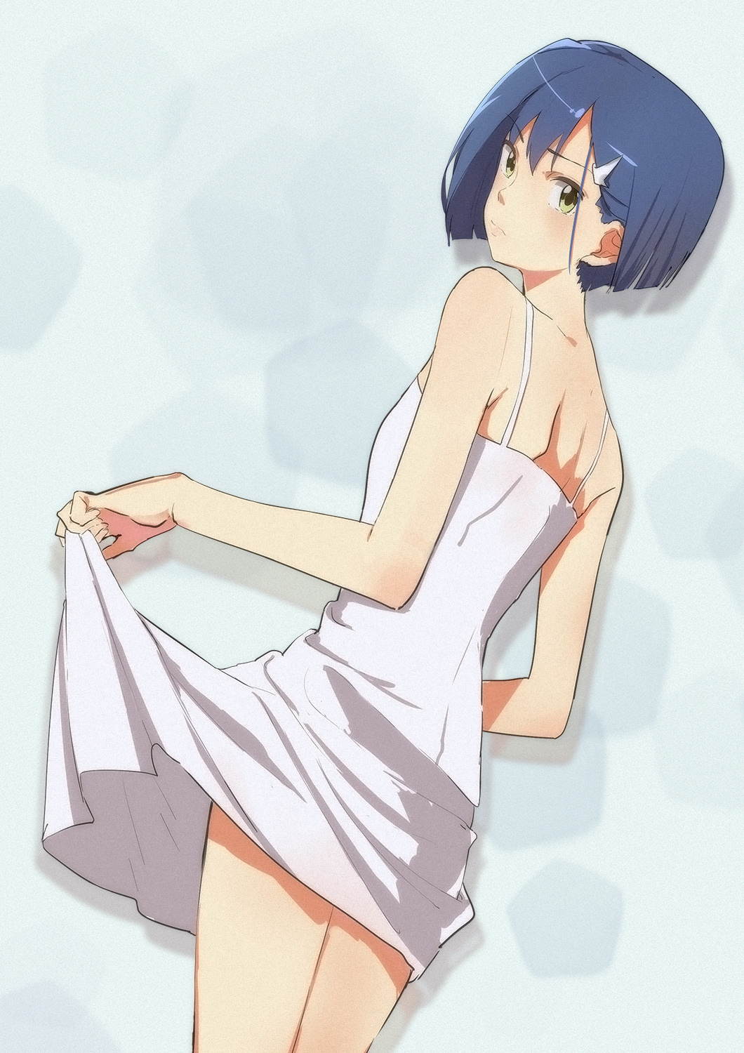 1girl bare_shoulders blue_background blue_hair blunt_ends blurry bob_cut bokeh breasts chinese_commentary closed_mouth commentary_request cowboy_shot darling_in_the_franxx depth_of_field dress dutch_angle expressionless film_grain from_behind green_eyes hair_ornament hairclip highres ichigo_(darling_in_the_franxx) liangsos looking_at_viewer looking_back shaft_look short_hair shoulder_blades skirt_hold small_breasts solo spaghetti_strap standing sundress white_dress