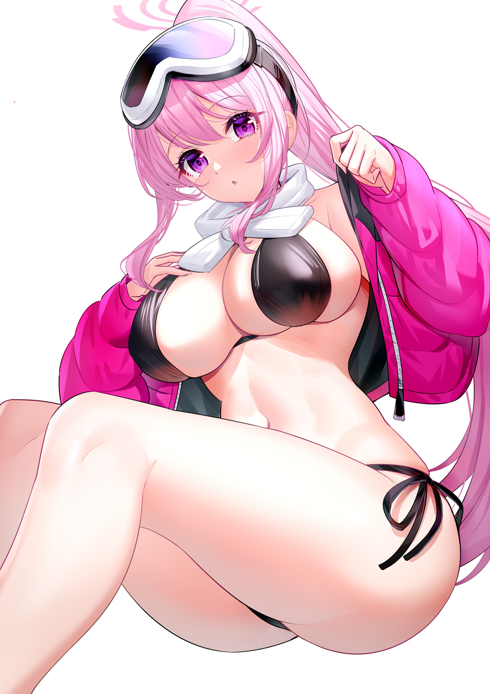 1girl bare_shoulders bikini black_bikini blue_archive blush breasts cleavage commentary_request eimi_(blue_archive) eimi_(swimsuit)_(blue_archive) feet_out_of_frame goggles goggles_on_head hair_between_eyes halo hands_up high_ponytail highres jacket large_breasts long_hair long_sleeves looking_at_viewer navel off_shoulder open_clothes open_jacket parted_lips pink_hair pink_jacket ponytail puffy_long_sleeves puffy_sleeves purple_eyes ririko_(zhuoyandesailaer) scarf side-tie_bikini_bottom sidelocks simple_background sitting ski_goggles skindentation sleeves_past_wrists solo swimsuit thighs very_long_hair white_background white_scarf zipper