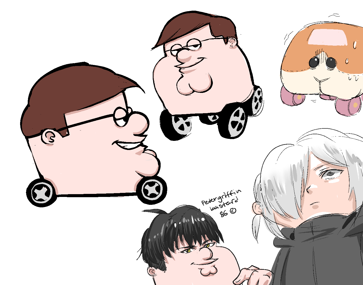 3boys ahoge black_hair character_request cosplay dababy_(rapper) family_guy kowai_(iamkowai) meme multiple_boys original peter_griffin short_twintails stewie_griffin sweat twintails white_hair yellow_eyes