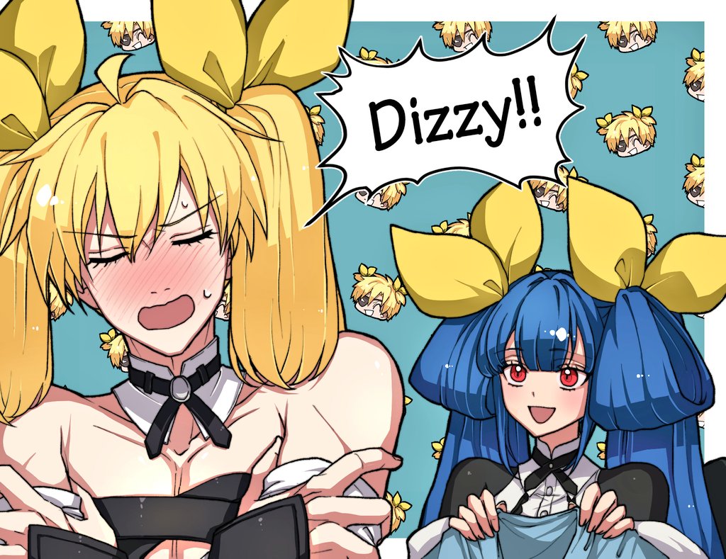 1boy 1girl 2boys black_gloves blonde_hair blue_hair blush breasts cosplay crossdressing dizzy_(guilty_gear) dizzy_(guilty_gear)_(cosplay) ebi_pri_shrimp eyepatch father_and_son fingerless_gloves gloves guilty_gear guilty_gear_strive guilty_gear_xrd hair_between_eyes hair_ribbon hair_rings husband_and_wife ky_kiske large_breasts long_hair looking_at_viewer mother_and_son multiple_boys nose_blush otoko_no_ko red_eyes ribbon sin_kiske smile yellow_ribbon