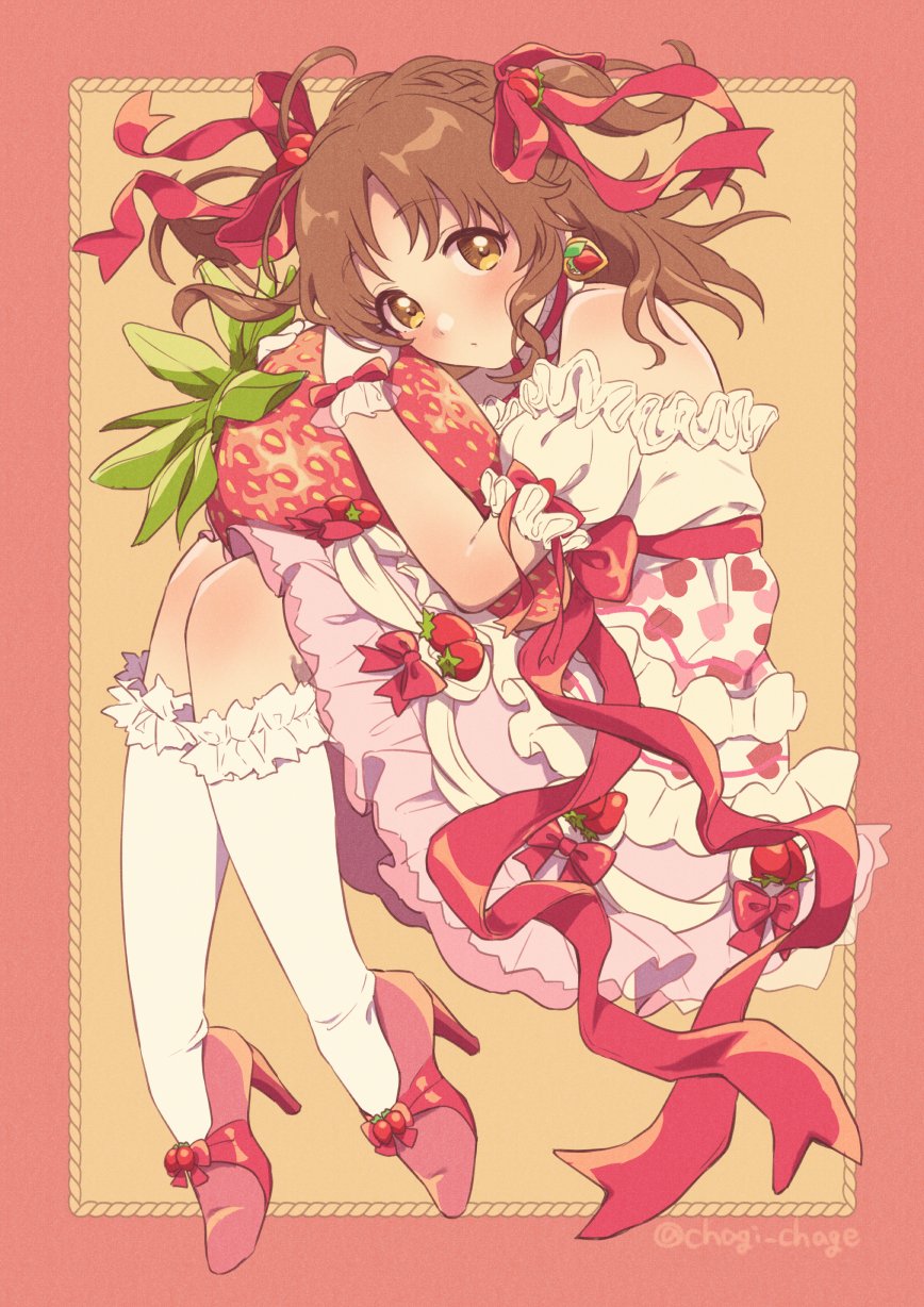 1girl :o bare_shoulders blush bow braid brown_hair chagi_chage commentary dress earrings fetal_position food food-themed_clothes food-themed_earrings frills fruit full_body gloves hair_ribbon head_tilt heart heart_print high_heels highres idolmaster idolmaster_cinderella_girls jewelry kneehighs legwear_garter looking_at_viewer lying medium_dress medium_hair on_side outline pink_dress puffy_short_sleeves puffy_sleeves raised_eyebrows red_bow red_footwear red_outline red_ribbon ribbon short_sleeves socks solo strawberry totoki_airi twitter_username two_side_up white_gloves white_socks yellow_background