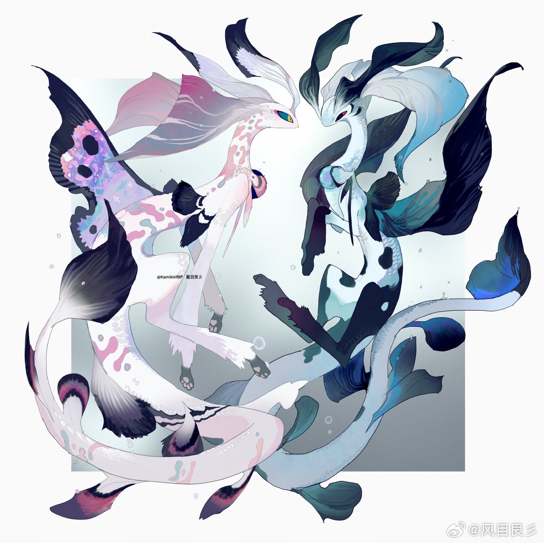 air_bubble animal_focus artist_name black_eyes blue_sclera border bubble colored_sclera creature fins fish_tail from_side full_body grey_background head_fins kamikiririp no_humans no_mouth original outside_border pawpads profile red_pupils red_sclera scales tail weibo_logo weibo_username white_border yellow_eyes