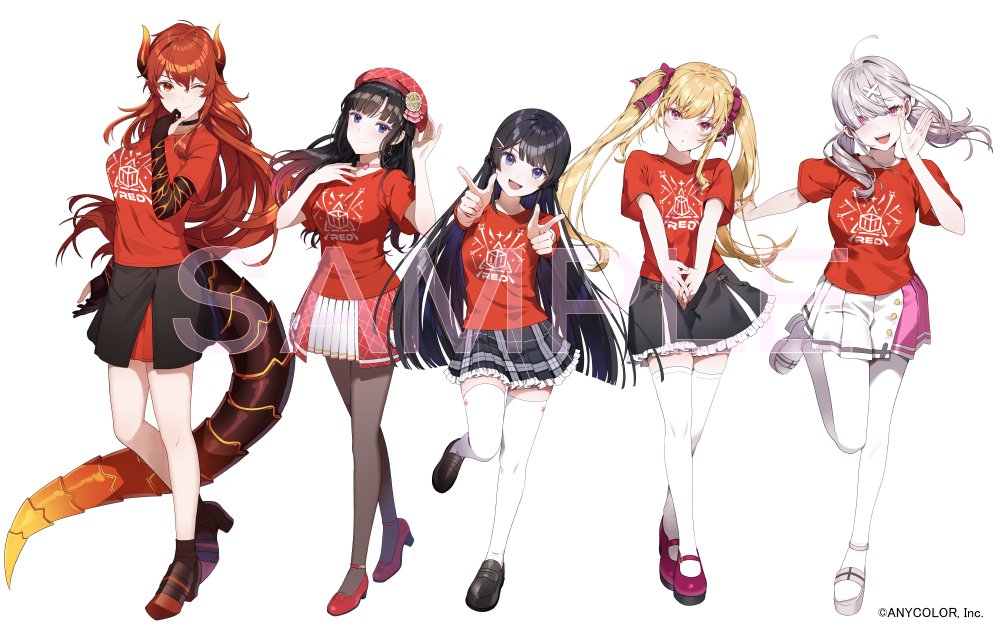 5girls 778-go ahoge beret black_choker black_footwear black_hair black_skirt blonde_hair blue_eyes choker dola_(nijisanji) dragon_horns dragon_tail finger_gun grey_hair hair_ornament hair_scrunchie hat horns loafers long_hair multiple_girls nijisanji official_art one_eye_closed open_mouth pantyhose pink_eyes purple_hair red_eyes red_footwear red_hair red_headwear red_shirt sample_watermark scrunchie shirt shoes simple_background skirt smile standing standing_on_one_leg sukoya_kana suzuka_utako t-shirt tail takamiya_rion thighhighs tsukino_mito twintails virtual_youtuber watermark white_background white_skirt white_thighhighs x x_hair_ornament