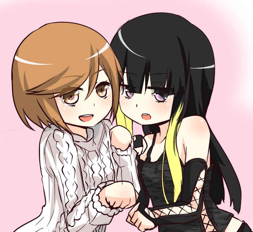 2girls alternate_eye_color aran_sweater bare_shoulders black_hair black_sleeves blunt_bangs brown_eyes brown_hair cable_knit child commentary_request cross-laced_clothes cross-laced_sleeves cross-laced_top detached_sleeves expressionless grey_tank_top hands_up hime_cut i.u.y kinuhata_saiai kuroyoru_umidori lace-up lace-up_sleeves lace-up_top light_blush long_hair looking_at_viewer multicolored_hair multiple_girls open_mouth paw_pose pink_background purple_eyes short_hair sidelocks smile sweater tank_top teeth toaru_majutsu_no_index toaru_majutsu_no_index:_new_testament upper_body upper_teeth_only white_sweater