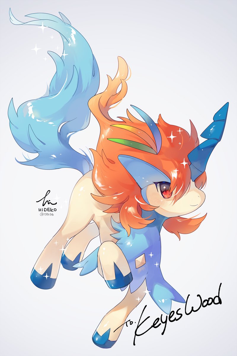 animal_focus blue_hair commentary commission full_body grey_background hideko_(l33l3b) highres hooves keldeo keldeo_(resolute) mane no_humans pokemon pokemon_(creature) red_eyes red_hair signature simple_background smile solo sparkle symbol-only_commentary twitter_username unicorn