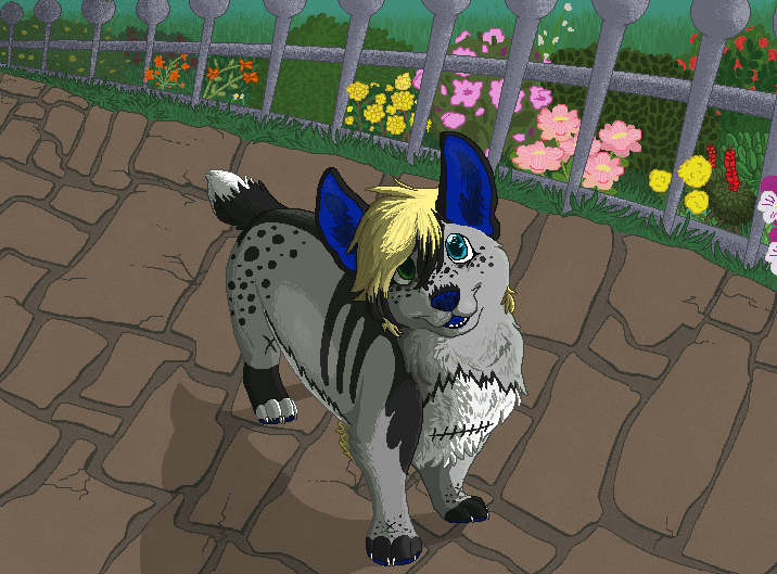 2013 aliasing ambiguous_gender black_highlights black_markings blonde_hair blue_eyes blue_inner_ear blue_nose blue_tongue bluekyokitty canid canine canis claws countershade_fur countershading day detailed_background digital_drawing_(artwork) digital_media_(artwork) digitigrade dipstick_tail domestic_dog feet fence feral feral_with_hair fingerless_(marking) flower freckles fur grass grey_body grey_fur hair herding_dog highlights_(coloring) leg_markings looking_up mammal markings open_mouth open_smile outside pastoral_dog paws plant sebdoggo shaded short_tail shrub smile socks_(marking) solo spots spotted_markings standing striped_markings stripes tail tail_markings teeth toeless_(marking) toeless_socks_(marking) tongue welsh_corgi white_body white_claws white_countershading