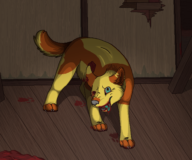 2013 akita akita_inu aliasing ambiguous_gender blood blood_on_ground blood_on_mouth blood_on_tongue bloodshot_eyes bluekyokitty bodily_fluids brown_body brown_fur canid canine canis cel_shading claws crazed detailed_background digital_drawing_(artwork) digital_media_(artwork) digitigrade domestic_dog feral floor footprint fur grey_nose inside mammal one_eye_closed open_mouth pawprint paws sebdoggo shaded solo spitz standing tail teeth tongue tongue_out white_claws wood wood_floor yellow_body yellow_fur