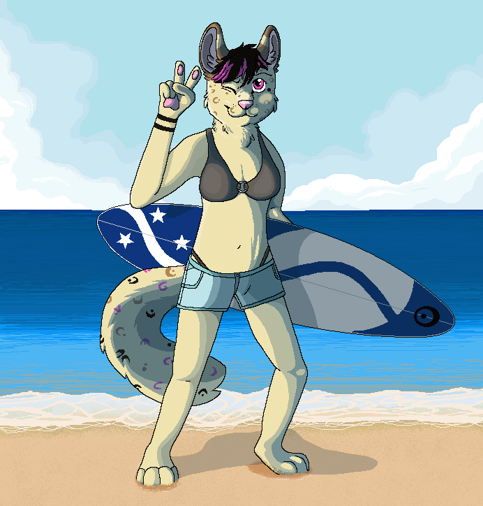 2013 aliasing anthro beach bikini black_hair black_markings blue_sky bluekyokitty bottomwear breasts brown_markings canid canine canis cel_shading cleavage clothed clothing cloud cutoffs day denim denim_bottomwear denim_clothing detailed_background digital_drawing_(artwork) digital_media_(artwork) eyebrows female full-length_portrait fur gesture hair highlights_(coloring) hindpaw holding_surfboard humanoid_hands leopard_spots looking_at_viewer mammal markings one_eye_closed outside pandora_(tabbystorm) pawpads paws pink_eyes pink_highlights pink_markings pink_nose pink_pawpads plantigrade portrait sea seaside sebdoggo shaded shorts sky smile smiling_at_viewer solo spots standing swimwear tail tan_body tan_fur v_sign water wink winking_at_viewer wolf