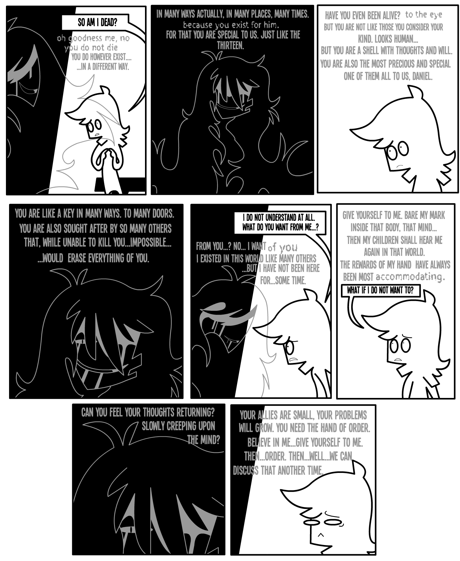 bodily_fluids border comic daniel_toke dialogue duo english_text female frown greyscale hair hi_res human human_only light light_beam looking_at_another male mammal methigon monochrome narrowed_eyes not_furry obscured_eyes outline question shane_frost smile speech_bubble tears text white_border worried