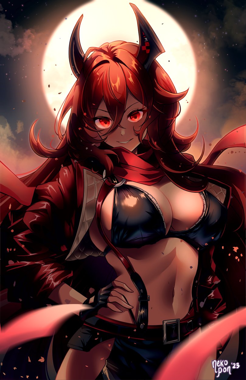 1girl artist_name black_gloves breasts chaps cleavage crop_top cropped_jacket fingerless_gloves gloves goddess_of_victory:_nikke hair_between_eyes hand_on_own_hip headgear highres horns jacket large_breasts leather leather_jacket long_hair mechanical_horns moon navel nekoponart orange_eyes red_hair red_hood_(nikke) red_jacket red_scarf scarf solo unzipped very_long_hair zipper