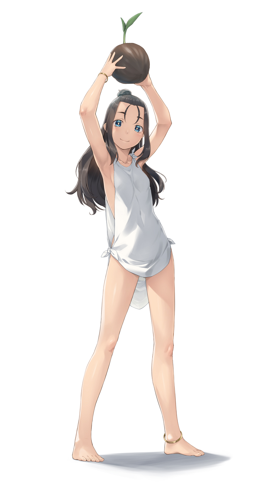 1girl anklet antenna_hair armpits arms_up barefoot black_hair blue_eyes bracelet breasts bright_pupils coconut covered_navel full_body hair_pulled_back heibonkaeru highres holding jewelry legs_apart long_hair looking_at_viewer original simple_background small_breasts smile solo standing topknot white_background white_pupils