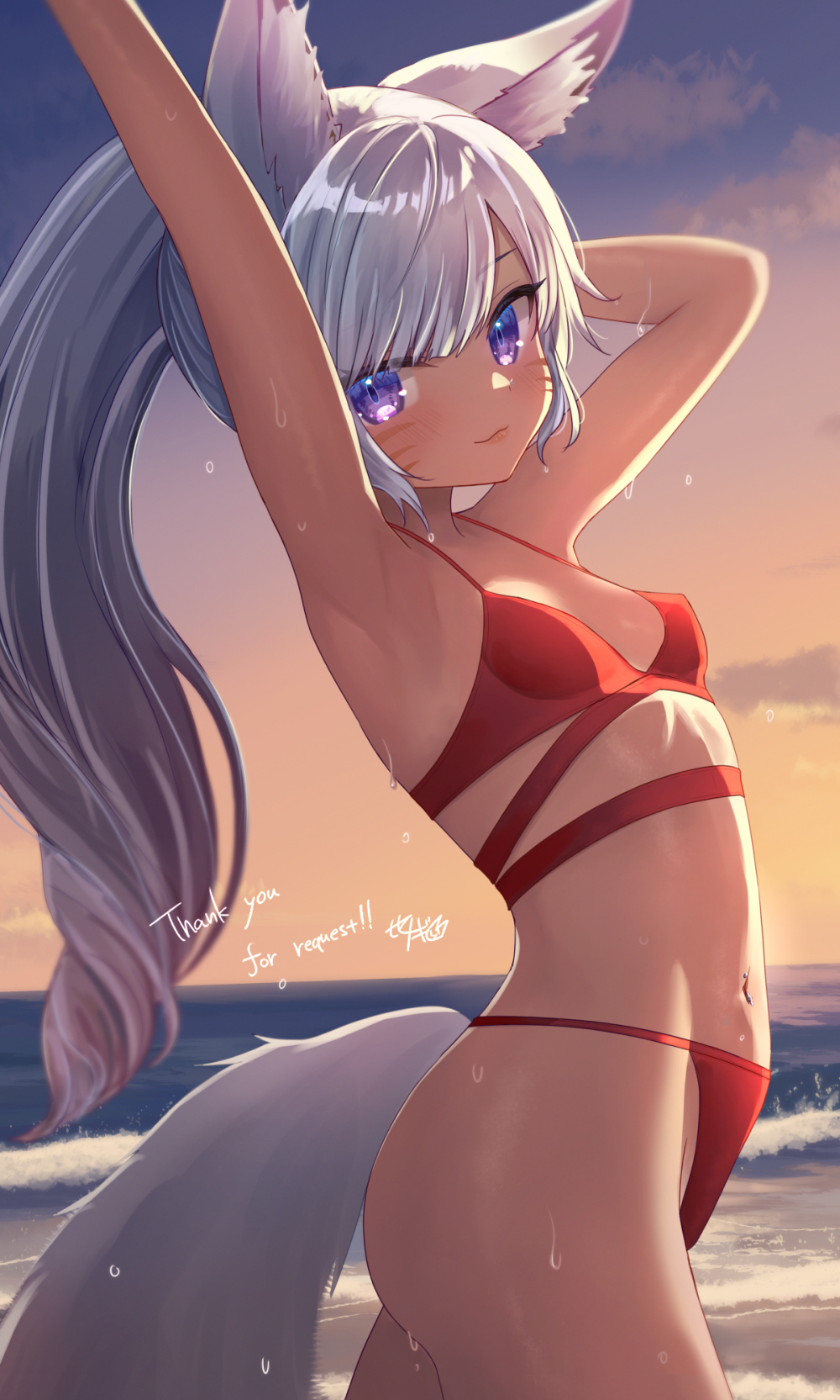 1girl animal_ears armpits arms_up bare_shoulders beach bikini breasts closed_mouth commentary_request commission cowboy_shot dark-skinned_female dark_skin english_text evening facial_mark final_fantasy final_fantasy_xiv from_side gradient_sky highres long_hair looking_at_viewer looking_to_the_side miqo'te ocean orange_sky outdoors outstretched_arm ponytail purple_eyes red_bikini sese_nagi signature skeb_commission sky small_breasts smile solo swimsuit tail thank_you twilight variant_set water whisker_markings white_hair