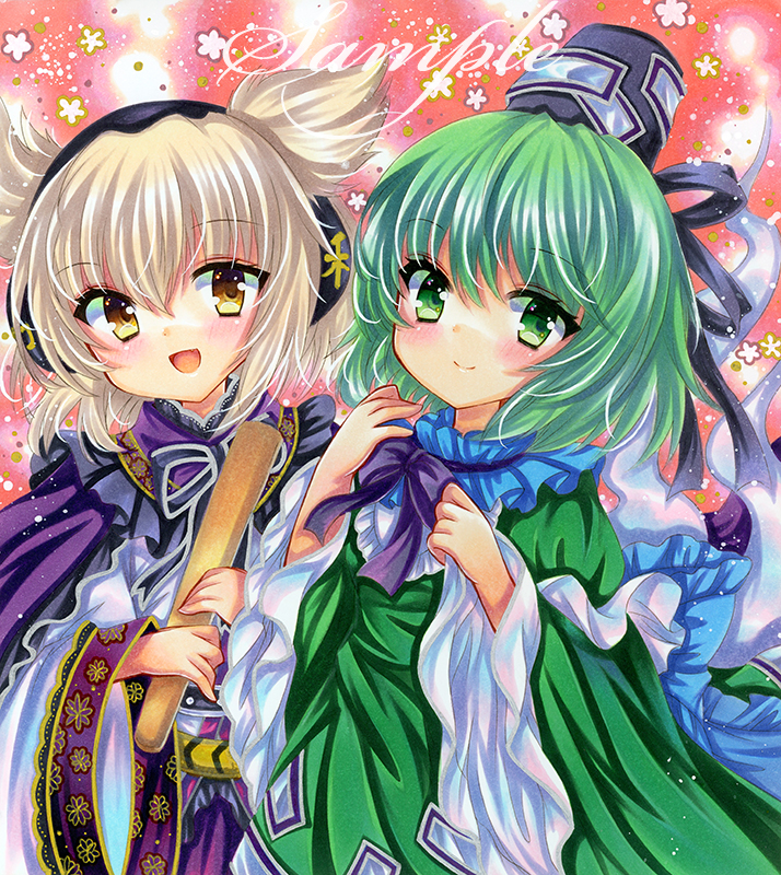 2girls black_headwear black_ribbon blonde_hair cape closed_mouth dress earmuffs embellished_costume frills ghost_tail green_dress green_eyes green_hair hands_up hat holding long_sleeves looking_at_viewer marker_(medium) medium_hair multiple_girls neck_ribbon ofuda ofuda_on_clothes open_mouth pointy_hair purple_cape ribbon ritual_baton rui_(sugar3) sample_watermark smile soga_no_tojiko standing tate_eboshi touhou toyosatomimi_no_miko traditional_media upper_body watermark wide_sleeves yellow_eyes