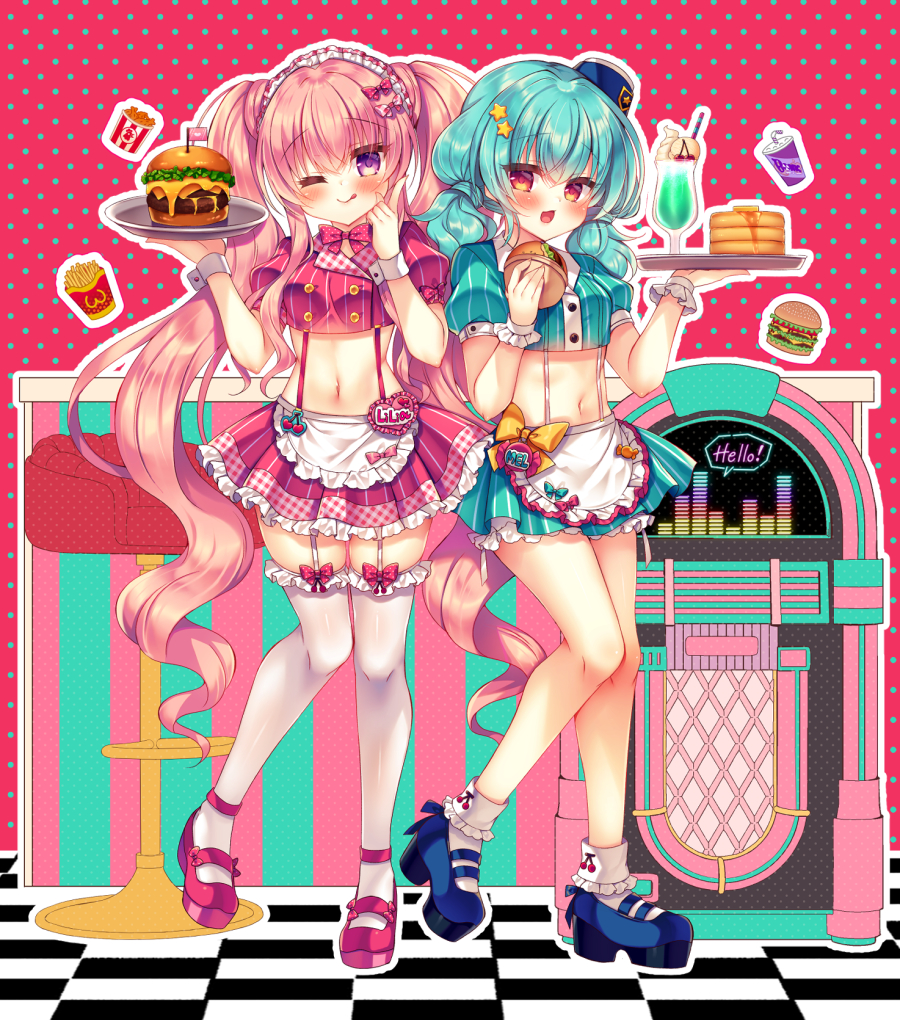 2girls ;p apron blue_footwear blue_hair blue_headwear blue_shirt blue_skirt blush bobby_socks bow burger checkered_floor closed_mouth collared_shirt commentary_request crop_top dress_shirt food frilled_apron frilled_thighhighs frills garter_straps hair_between_eyes hair_bow hair_ornament hat holding holding_tray jukebox lilia_chocolanne long_hair maid_headdress meru_(suzunone_rena) mini_hat multiple_girls one_eye_closed open_mouth original outline pink_hair pleated_skirt polka_dot polka_dot_background puffy_short_sleeves puffy_sleeves purple_eyes purple_footwear red_background red_bow red_eyes red_shirt red_skirt shirt shoes short_sleeves skirt smile socks star_(symbol) star_hair_ornament striped striped_shirt striped_skirt suzunone_rena thighhighs tilted_headwear tongue tongue_out tray twintails vertical-striped_shirt vertical-striped_skirt vertical_stripes very_long_hair waist_apron white_apron white_outline white_socks white_thighhighs
