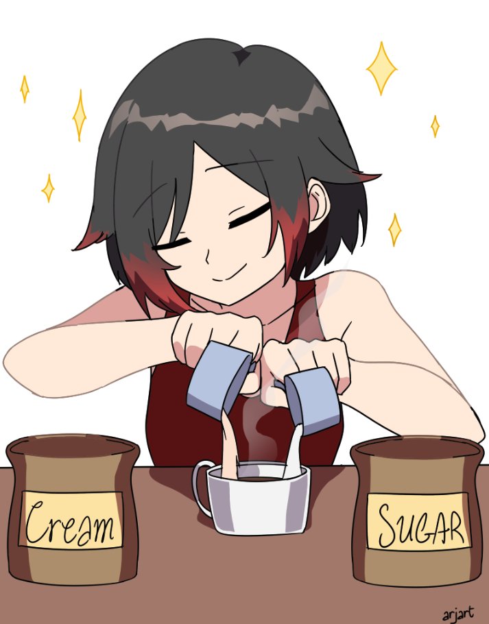 1girl ar_jart artist_name black_hair closed_mouth coffee coffee_mug cream cup gradient_hair measuring_cup mug multicolored_hair pouring red_hair red_tank_top ruby_rose rwby shirt short_hair smile sparkle sugar_(food) table tank_top white_shirt