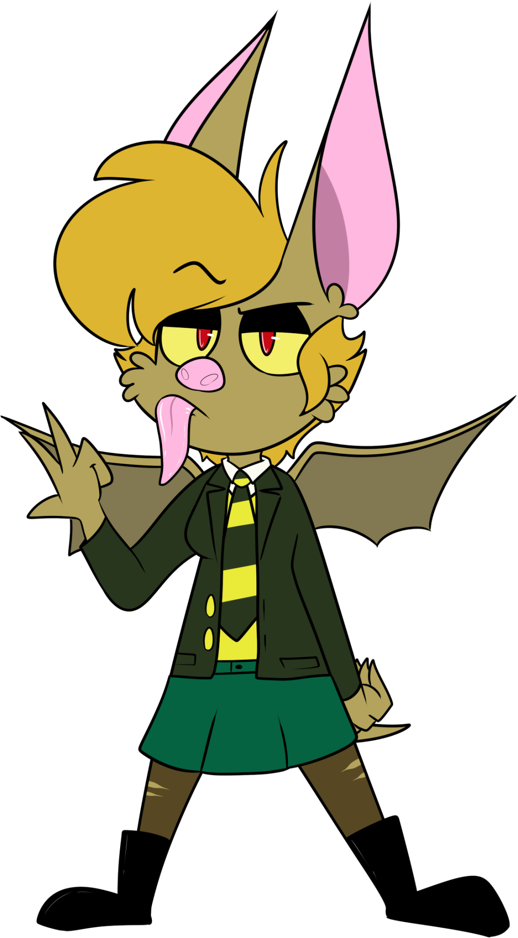 2016 alpha_channel anthro bat bat_ears biped black_boots black_clothing black_eyebrows black_eyeshadow black_footwear blonde_hair boots bottomwear breasts brown_body brown_clothing brown_ears brown_fur brown_legwear brown_membrane brown_tail brown_tuft brown_wings chokovit_(artist) clothed clothed_anthro clothed_female clothing colored digital_drawing_(artwork) digital_media_(artwork) eyebrow_through_hair eyebrows eyeshadow female female_anthro fingers footwear front_view full-length_portrait fur furgonomic_topwear furgonomics gesture glistening glistening_eyes glistening_tongue green_bottomwear green_clothing green_jacket green_skirt green_topwear hair half-closed_eyes hi_res jacket leaf-nosed_bat legwear long_tongue looking_at_viewer madeline_bloodworth makeup mammal membrane_(anatomy) microbat narrowed_eyes necktie no_pupils open_clothing open_jacket open_topwear pattern_necktie pink_inner_ears pink_nose pink_tongue pleated_skirt portrait raised_eyebrow red_eyes school_uniform shirt simple_background skirt solo spread_wings standing striped_necktie tail tail_under_skirt tongue topwear torn_clothing torn_legwear translucent translucent_hair transparent_background uniform v_sign vampire_bat vest white_clothing white_shirt white_topwear wide_stance wings yangochiropteran yellow_clothing yellow_necktie yellow_sclera yellow_topwear yellow_vest