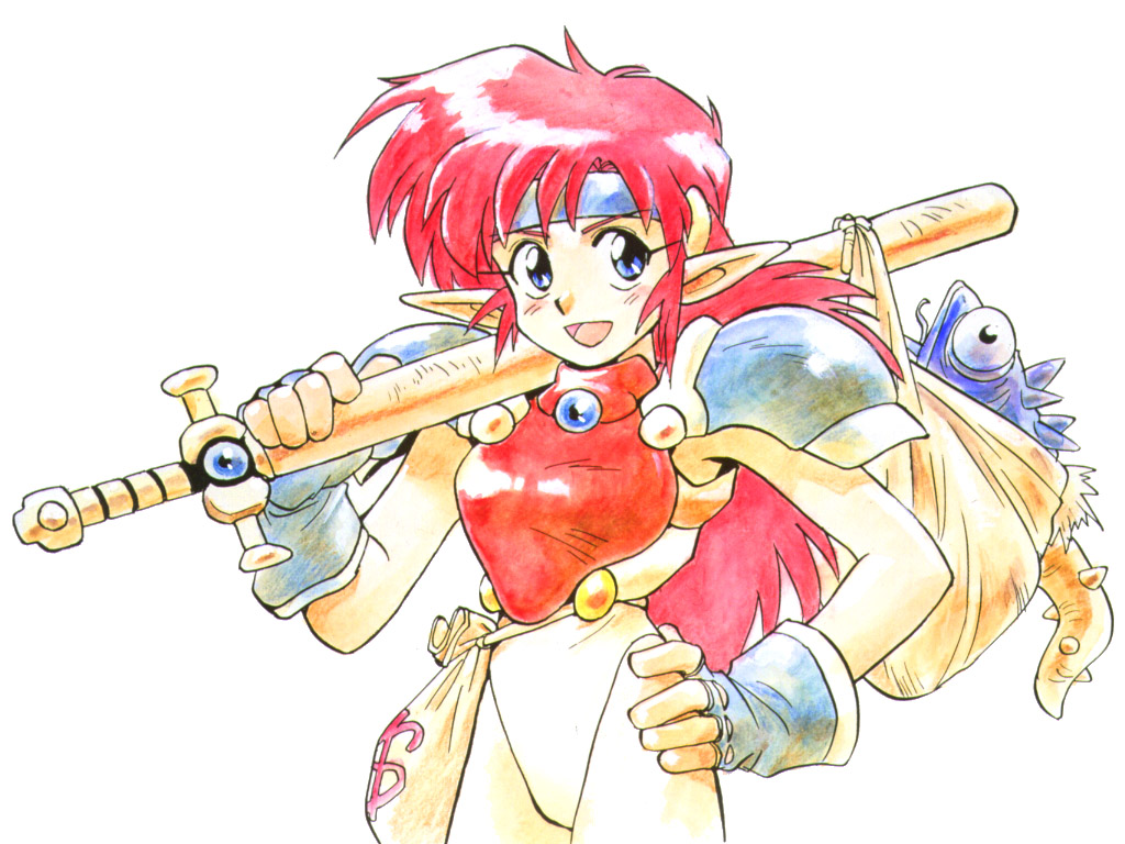 1990s_(style) armor blue_eyes blue_gloves breastplate carrying_over_shoulder cowboy_shot fingerless_gloves fish gloves headband holding holding_sword holding_weapon leotard long_hair long_pointy_ears mail_(popful_mail) money_bag non-web_source official_art open_mouth pauldrons pointy_ears popful_mail red_hair retro_artstyle sack sheath sheathed shoulder_armor simple_background sword weapon white_background