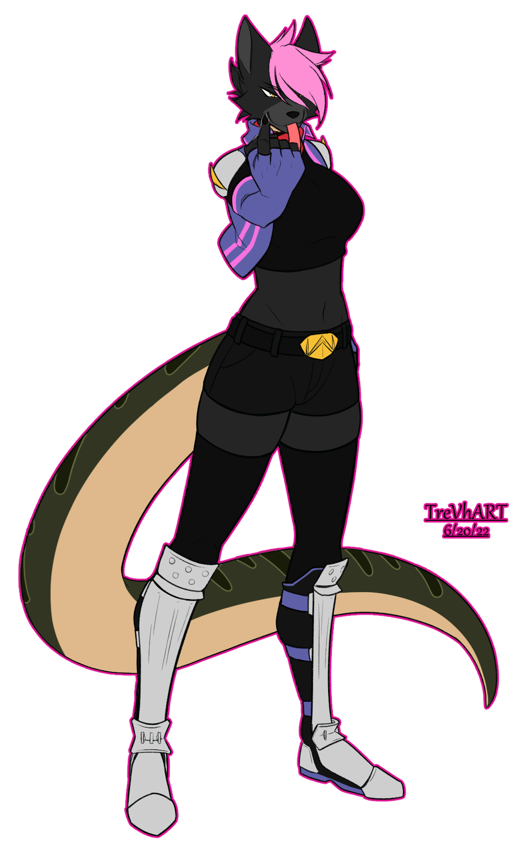 anaconda boa_(snake) boinae boots canid canine canis claws clothing cosplay crop_top female fingerless_gloves footwear gloves handwear hi_res hybrid legwear long_tongue mammal nintendo reptile scalie shirt snake star_fox thigh_highs tongue tongue_out topwear trevhart wolf wolf_o'donnell