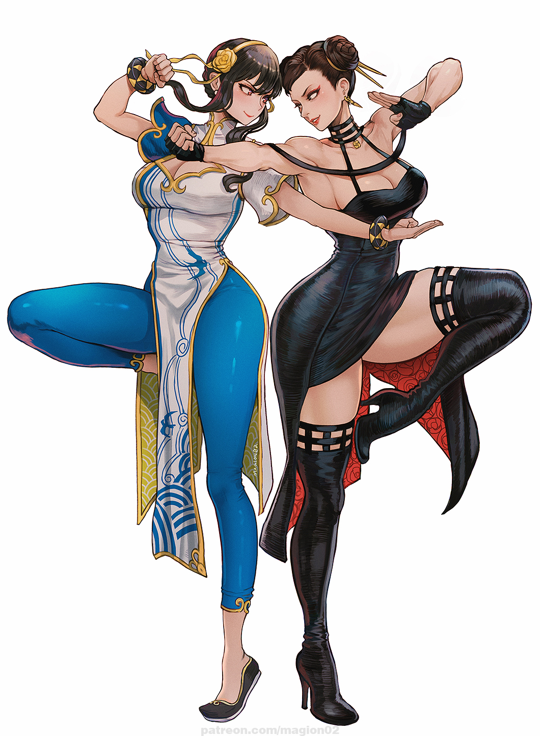 2girls bare_shoulders black_dress black_hair bracelet breasts brown_hair china_dress chinese_clothes chun-li chun-li_(cosplay) cleavage cosplay double_bun dress earrings english_commentary fighting_stance flower gloves gold_earrings gold_hairband hair_bun hair_ornament hairband highres jewelry large_breasts long_hair magion02 mixed-language_commentary multiple_girls pelvic_curtain red_eyes sidelocks simple_background smile spy_x_family street_fighter thick_thighs thighs two-sided_dress two-sided_fabric white_background yor_briar yor_briar_(cosplay)